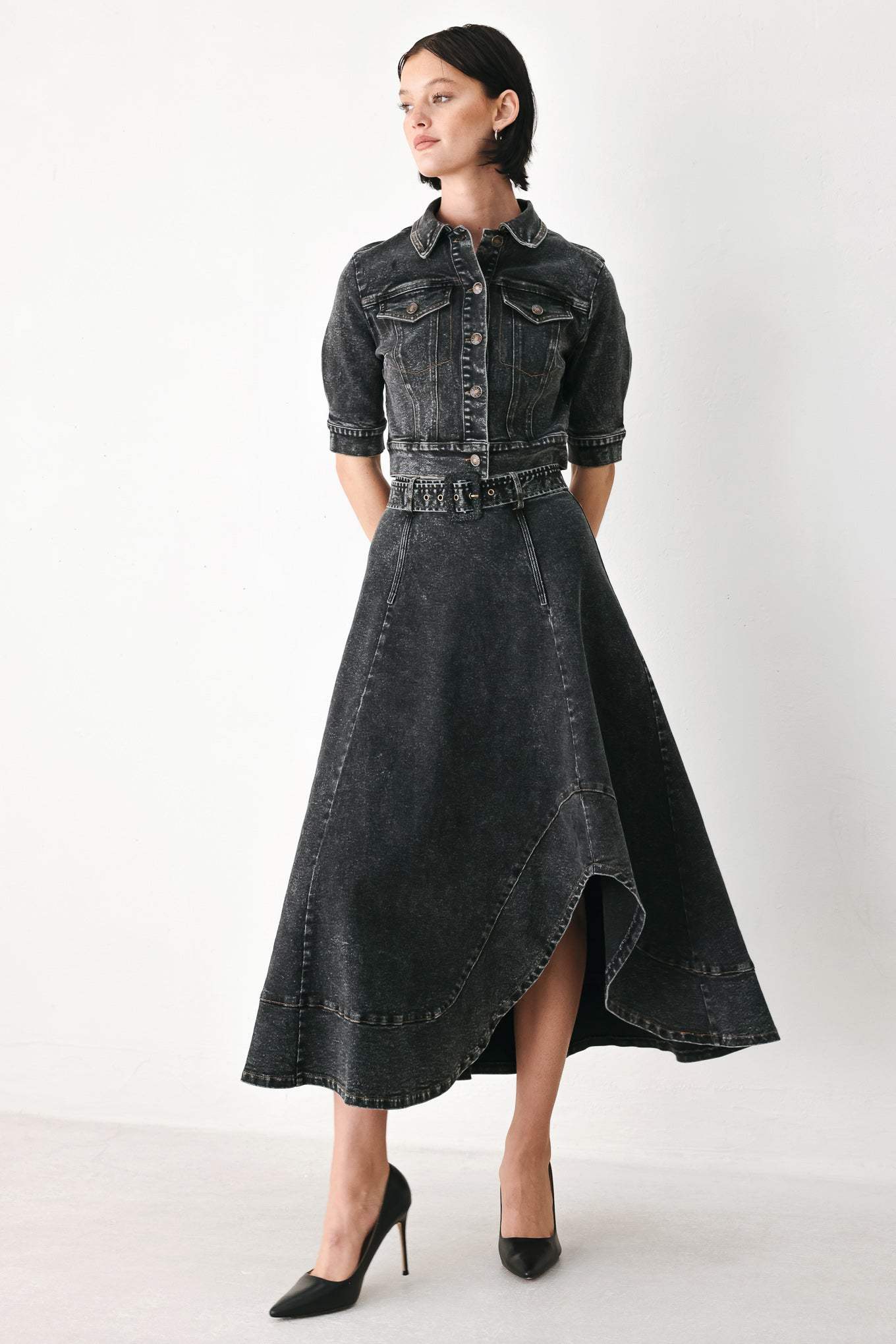 SHADOW STITCH ROMANCE DENIM MIDI SKIRT - Flying Tomato - Flyclothing LLC