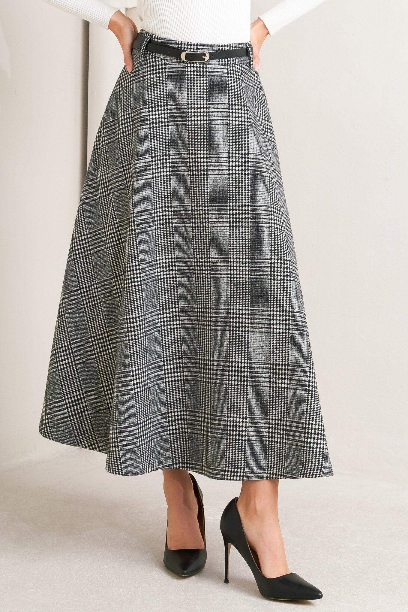 CITY CHECKLINE WOOLEN WOVEN MIDI SKIRT - Flying Tomato - Flyclothing LLC
