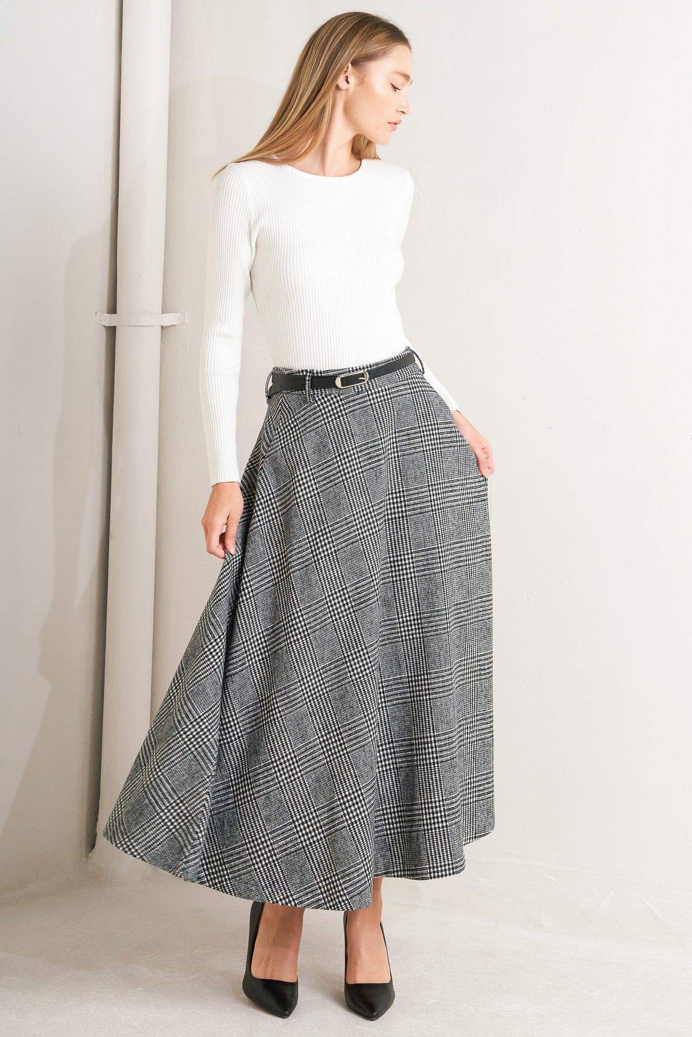 CITY CHECKLINE WOOLEN WOVEN MIDI SKIRT - Flying Tomato - Flyclothing LLC