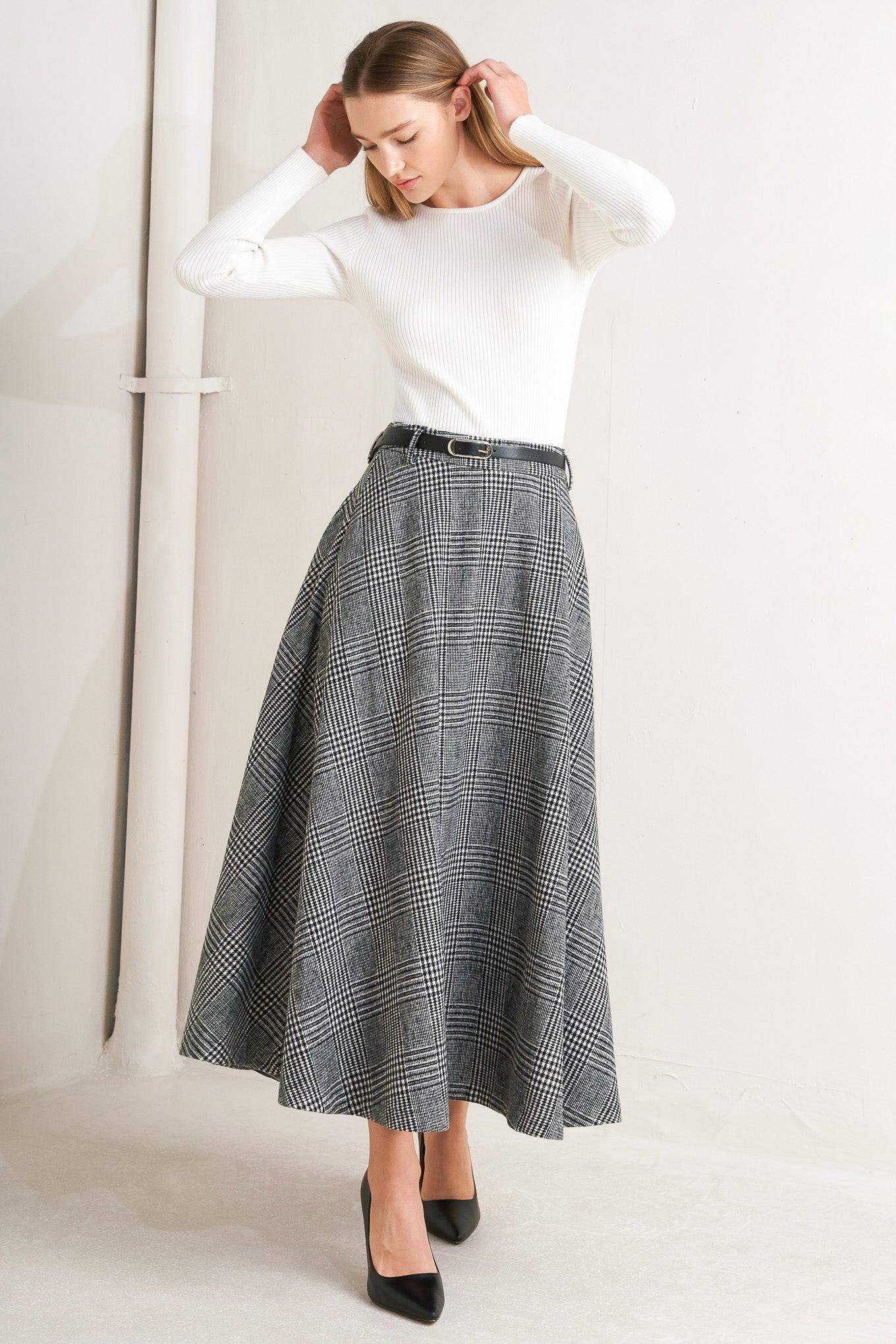 CITY CHECKLINE WOOLEN WOVEN MIDI SKIRT - Flying Tomato - Flyclothing LLC