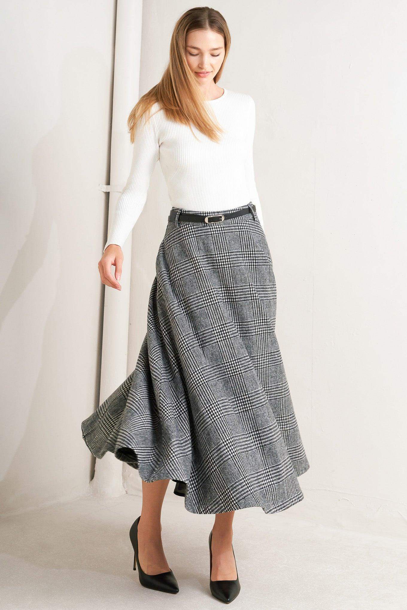 CITY CHECKLINE WOOLEN WOVEN MIDI SKIRT - Flying Tomato - Flyclothing LLC
