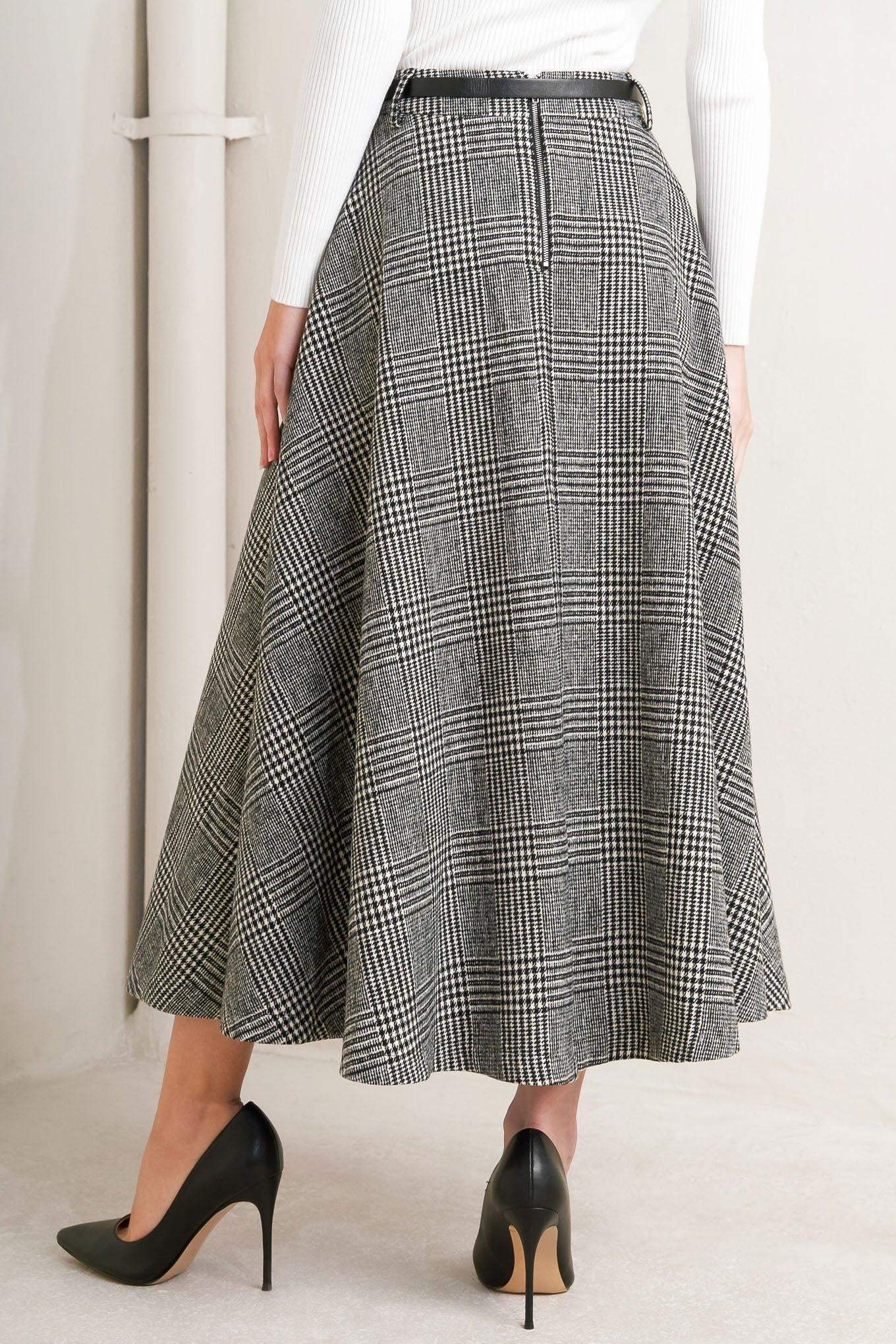 CITY CHECKLINE WOOLEN WOVEN MIDI SKIRT - Flying Tomato - Flyclothing LLC