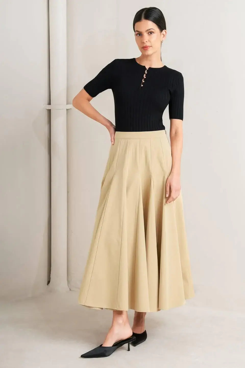 PALE FRAME WOVEN TAUPE CIRCLE SKIRT - Flying Tomato - Flyclothing LLC