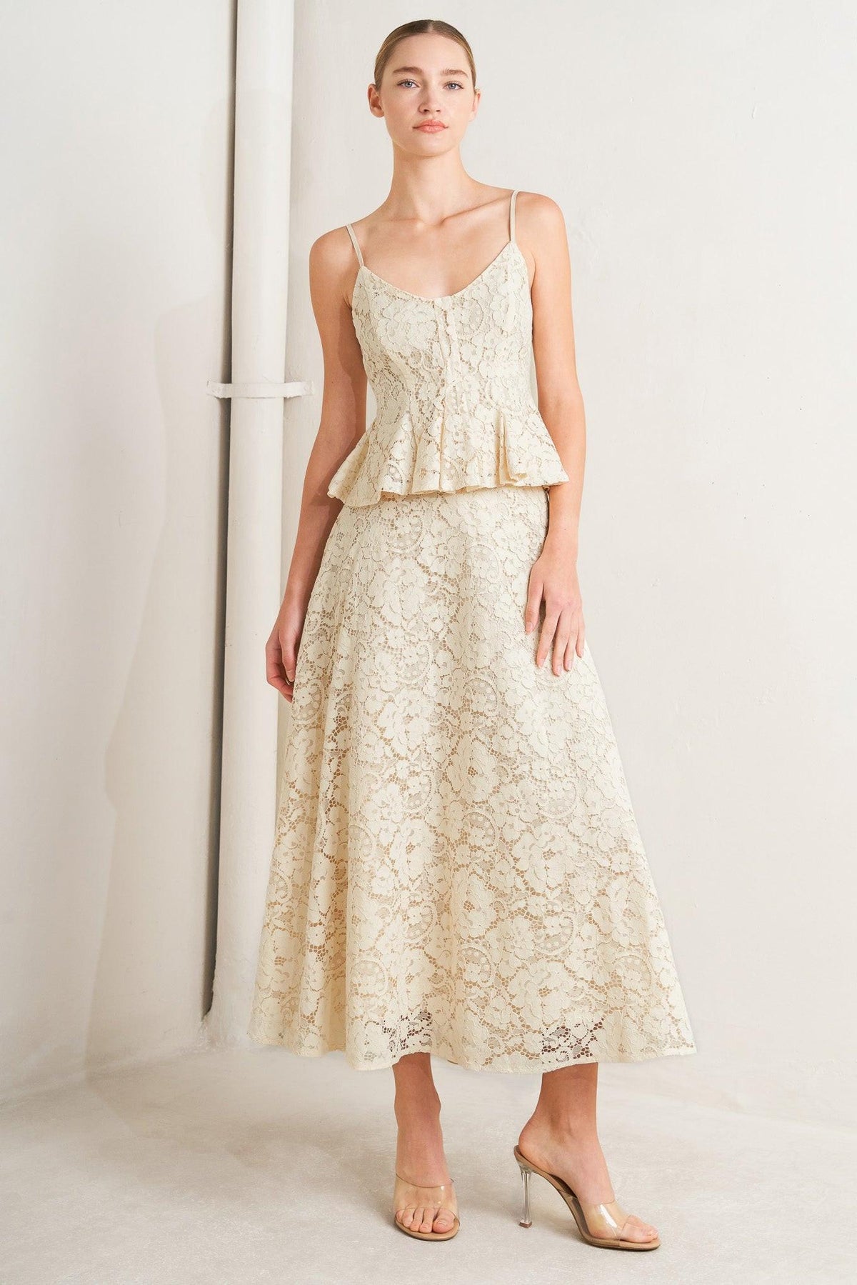 PURELY ROMANTIC WOVEN LACE MIDI SKIRT - Flying Tomato - Flyclothing LLC