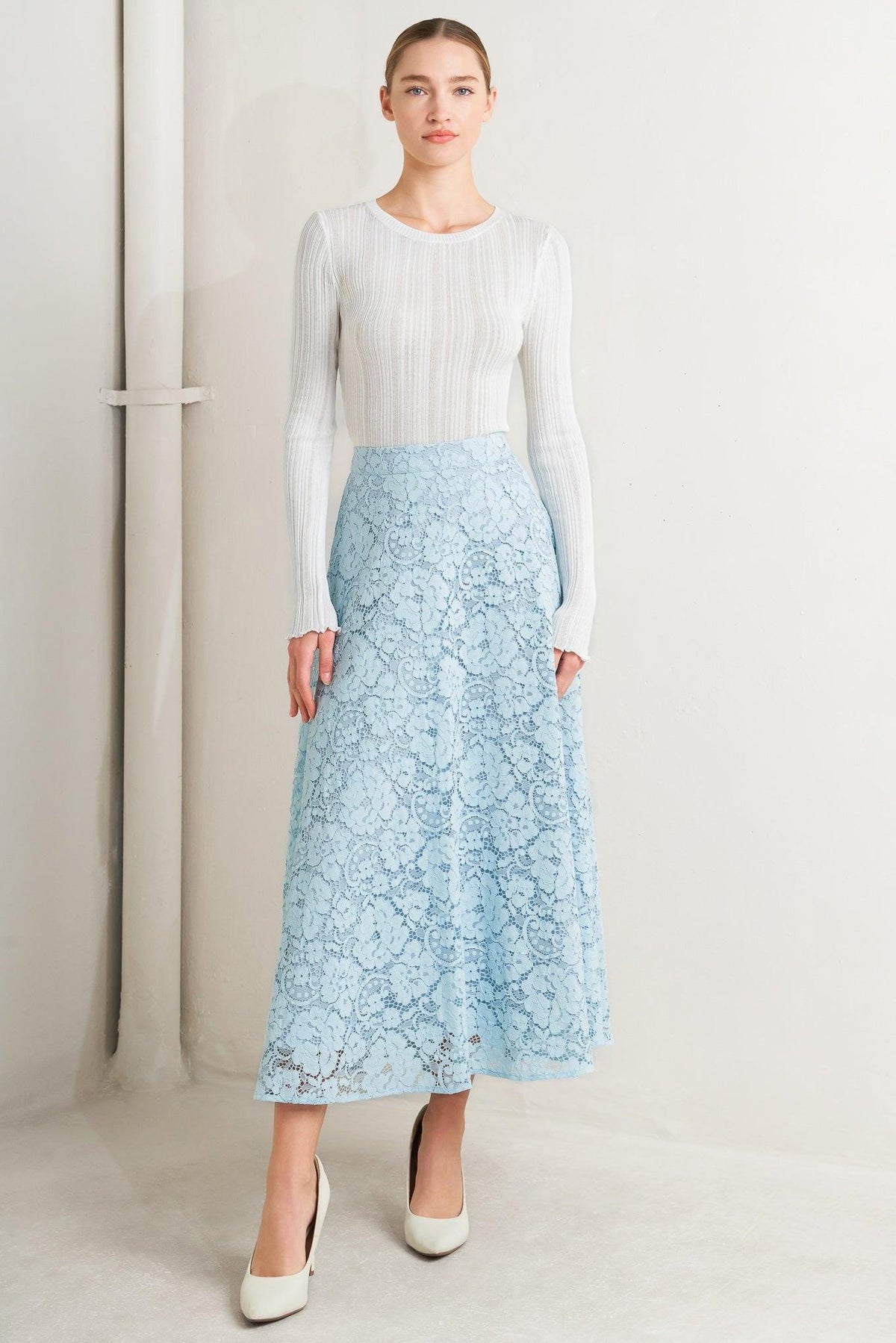 PURELY ROMANTIC WOVEN LACE MIDI SKIRT - Flying Tomato - Flyclothing LLC