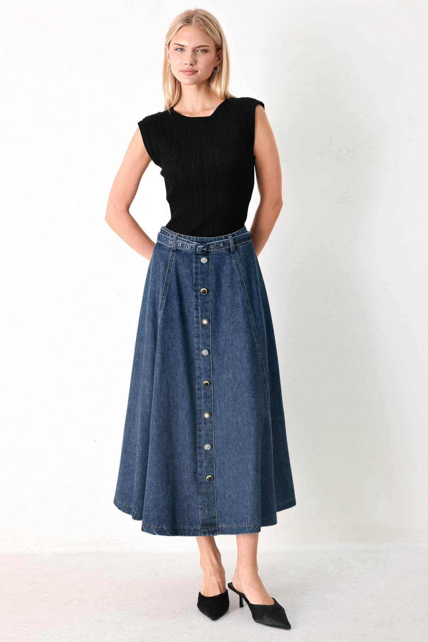SWEET TALKER DENIM CIRCLE MIDI SKIRT - Flying Tomato - Flyclothing LLC