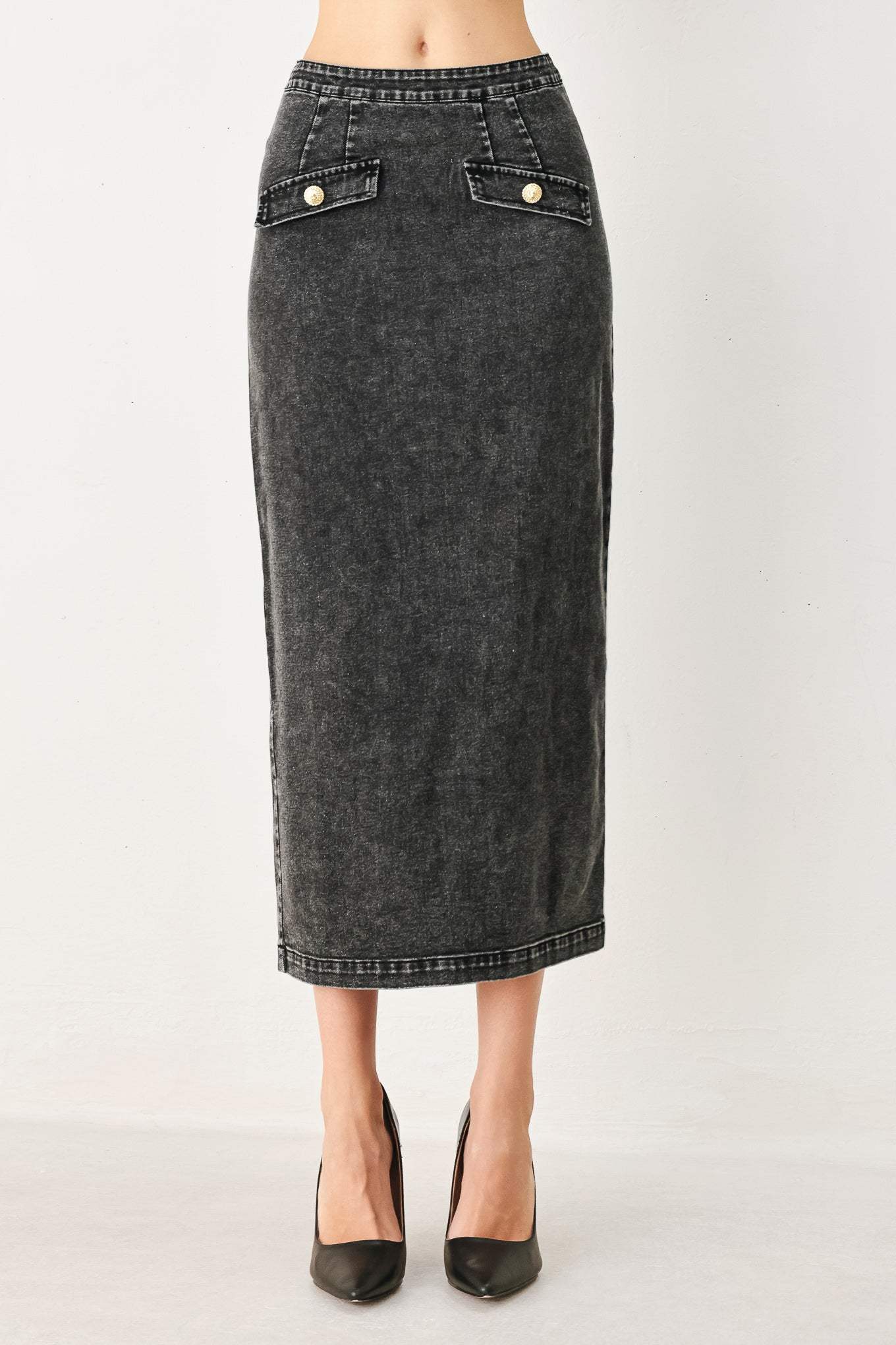 STONEWASHED DENIM MIDI PENCIL SKIRT