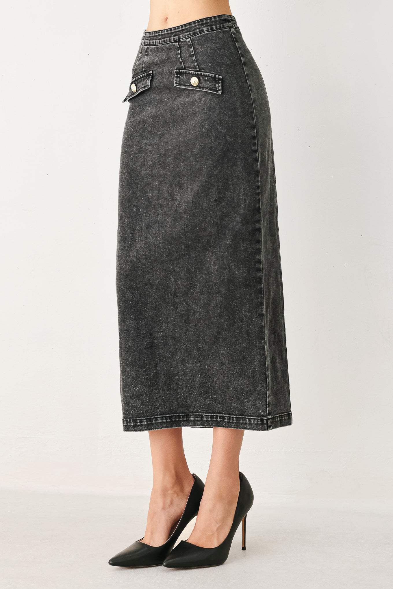 STONEWASHED DENIM MIDI PENCIL SKIRT