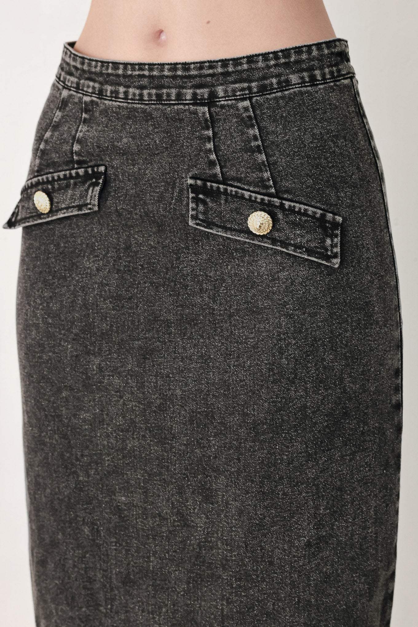 STONEWASHED DENIM MIDI PENCIL SKIRT
