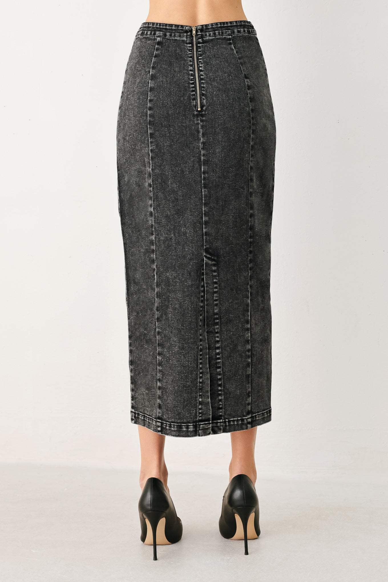 STONEWASHED DENIM MIDI PENCIL SKIRT