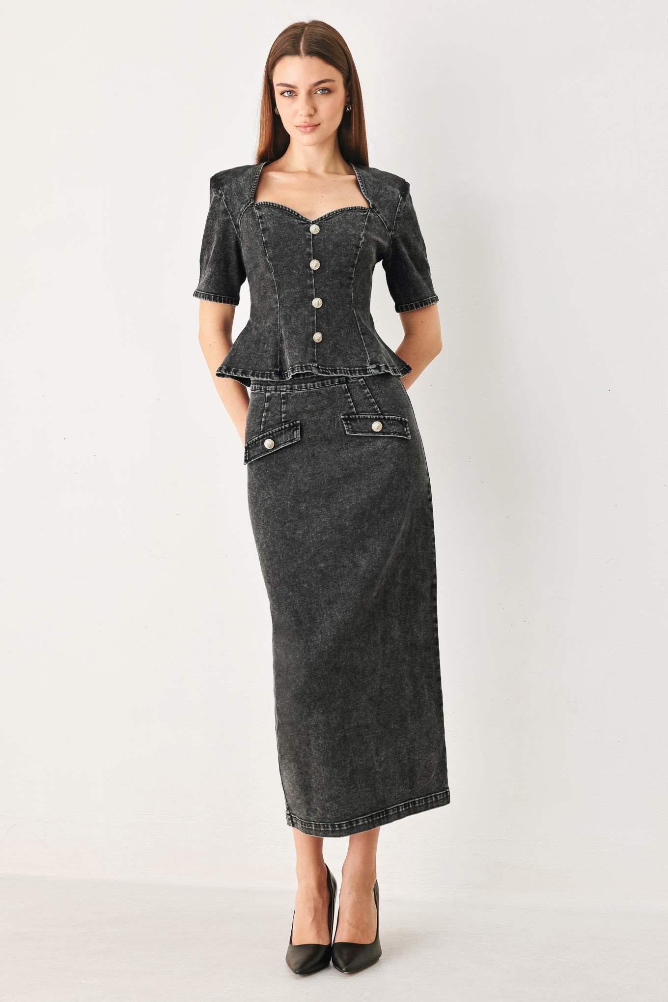 STONEWASHED DENIM MIDI PENCIL SKIRT