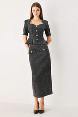 STONEWASHED DENIM MIDI PENCIL SKIRT