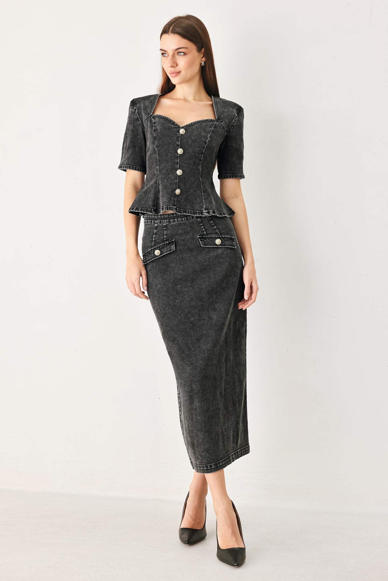 STONEWASHED DENIM MIDI PENCIL SKIRT