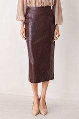 PORT WINE HIGH-RISE FAUX LEATHER SKIRT