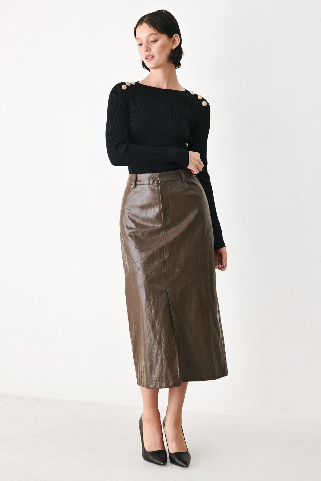 STONE LEATHER COLUMN FAUX LEATHER PENCIL SKIRT