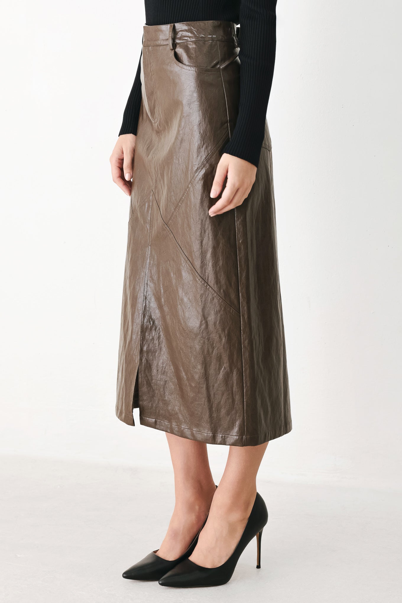 STONE LEATHER COLUMN FAUX LEATHER PENCIL SKIRT