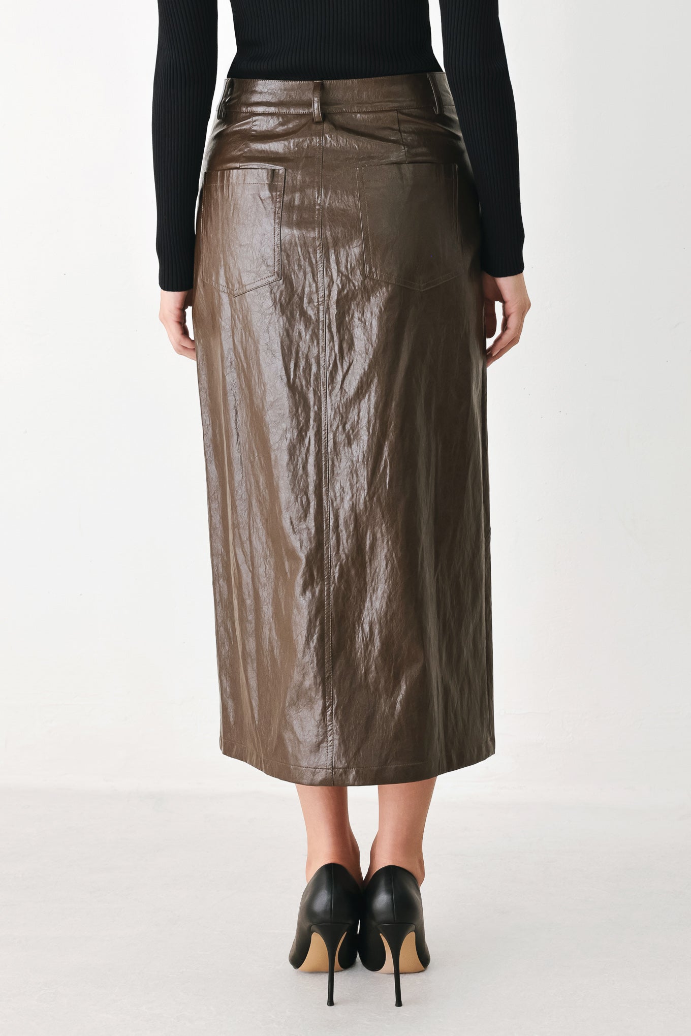 STONE LEATHER COLUMN FAUX LEATHER PENCIL SKIRT