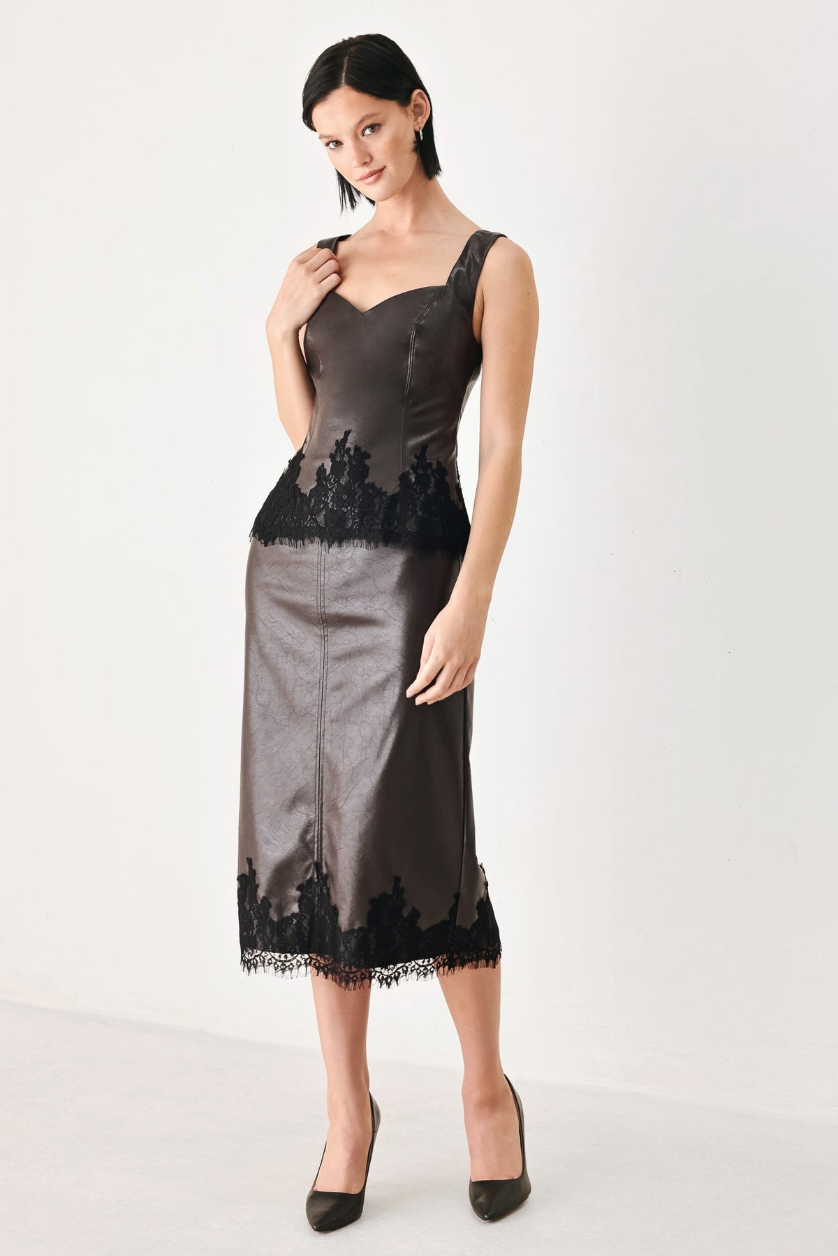 LACE AFTER DARK FAUX LEATHER PENCIL SKIRT - Flying Tomato - Flyclothing LLC