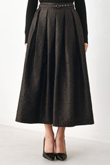AUTUMN ELEGANCE BROWN TEXTURED BELTED MIDI SKIRT