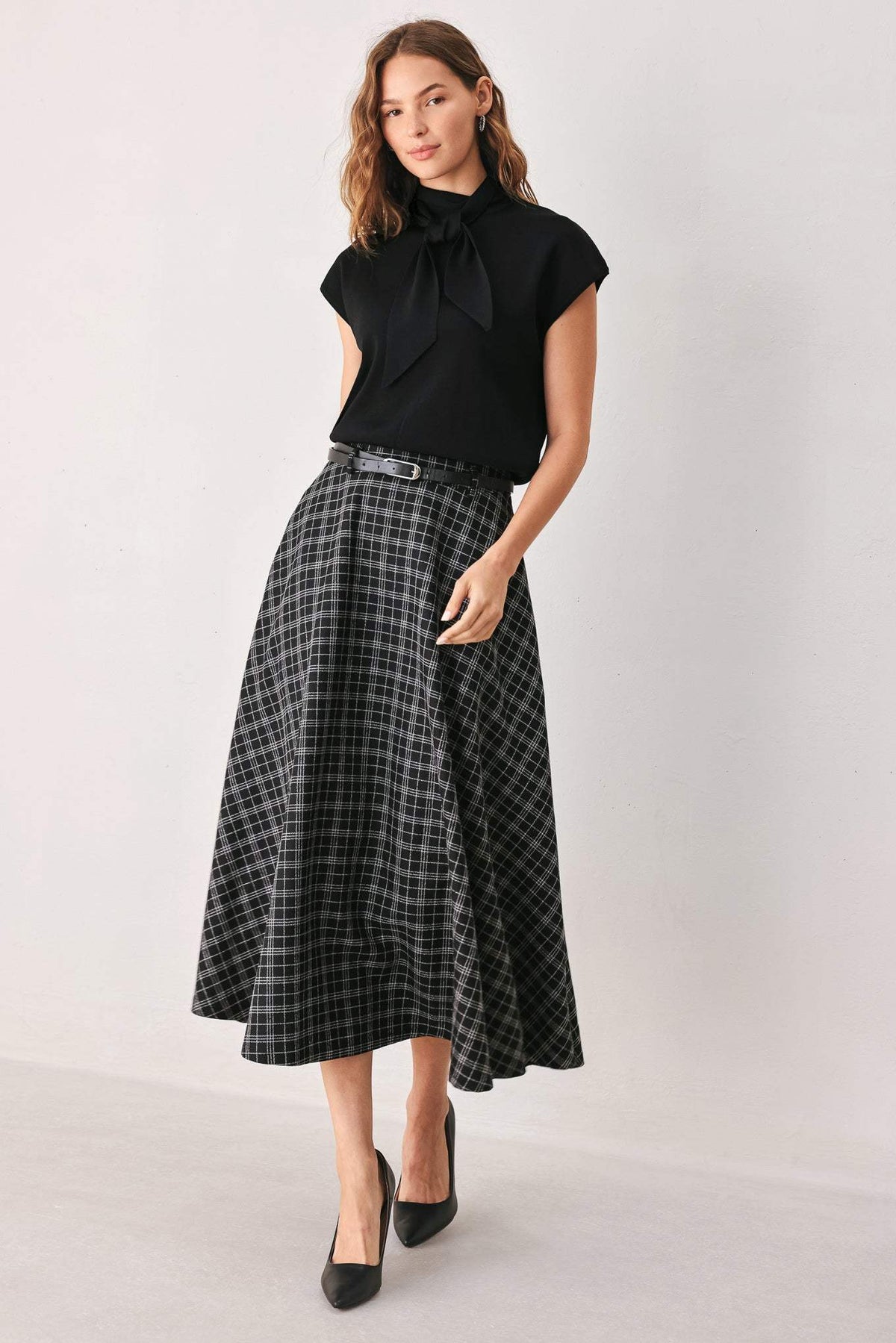 MONOCHROME CHECK FULL-SWEEP MIDI SKIRT - Flying Tomato - Flyclothing LLC