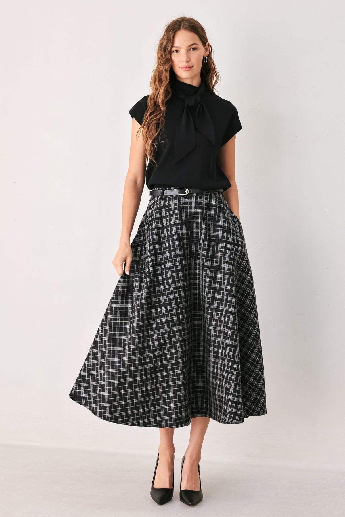 MONOCHROME CHECK FULL-SWEEP MIDI SKIRT - Flying Tomato - Flyclothing LLC