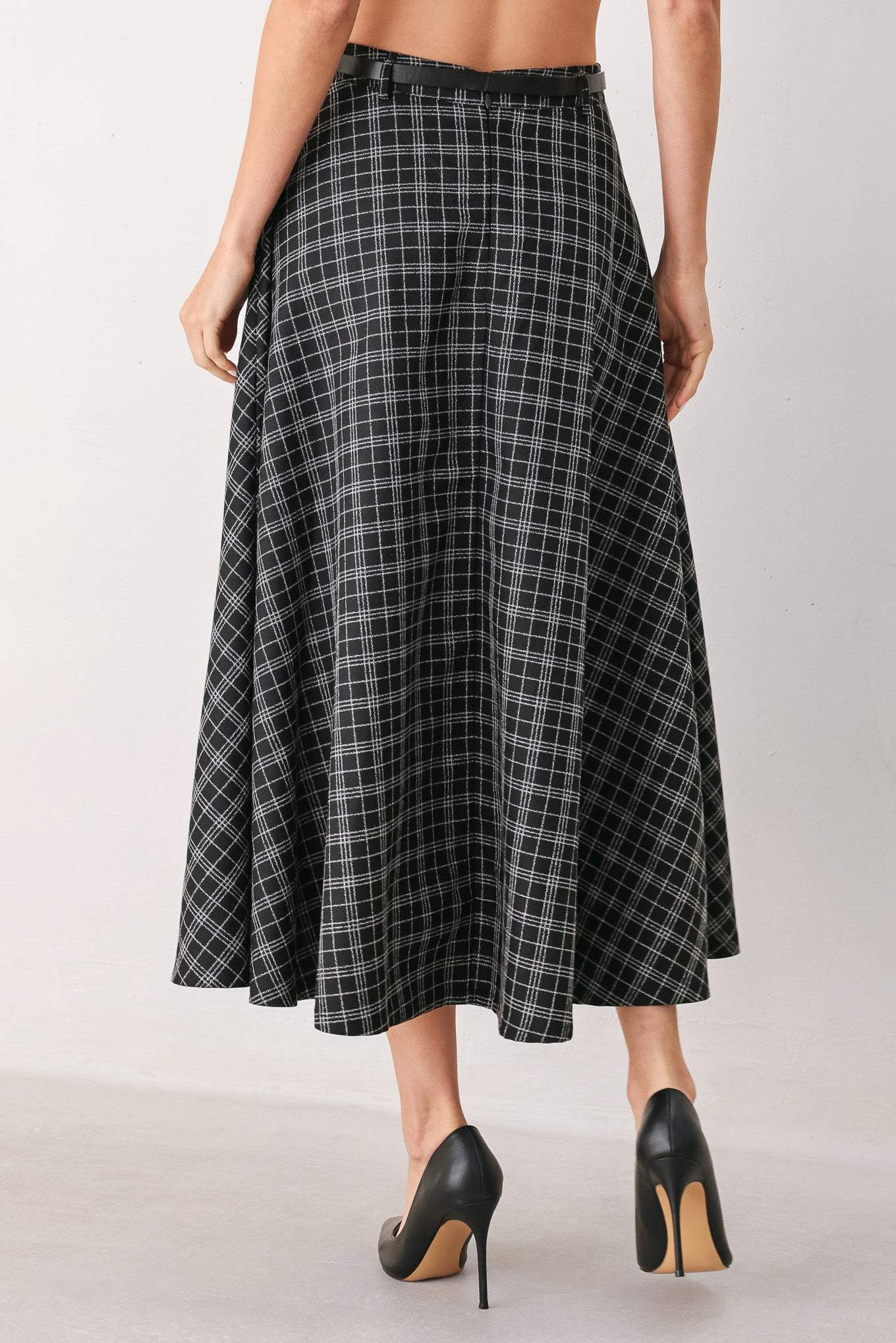 MONOCHROME CHECK FULL-SWEEP MIDI SKIRT - Flying Tomato - Flyclothing LLC