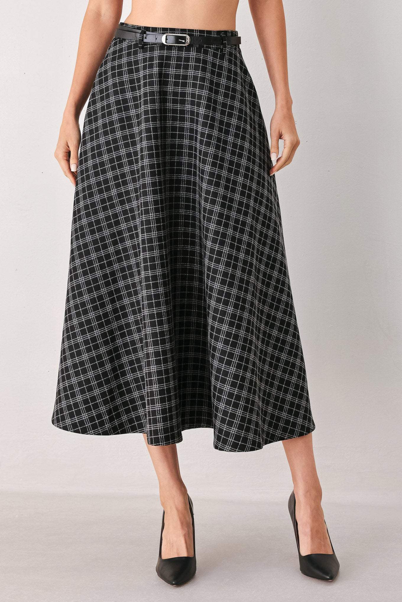 MONOCHROME CHECK FULL-SWEEP MIDI SKIRT - Flying Tomato - Flyclothing LLC
