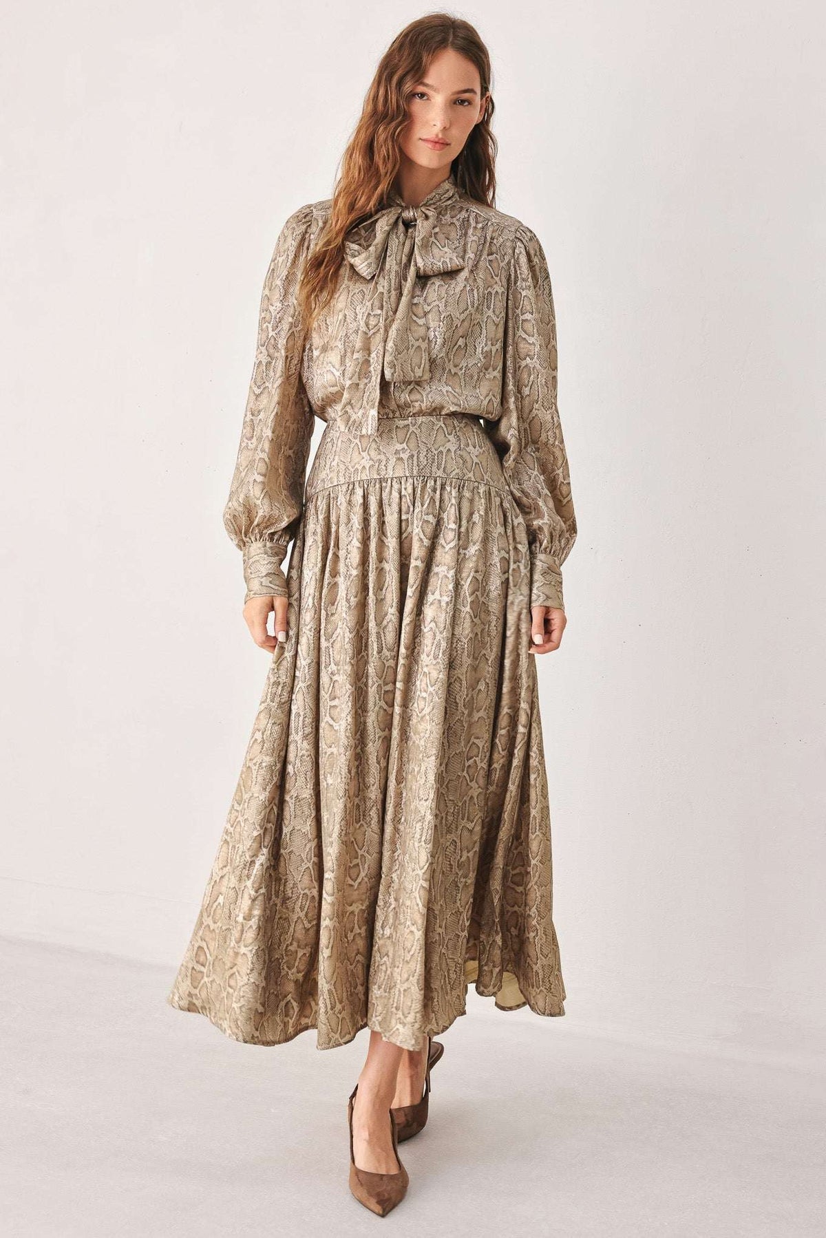 SERPENTINE TAUPE SNAKESKIN WOVEN MIDI SKIRT - Flying Tomato - Flyclothing LLC
