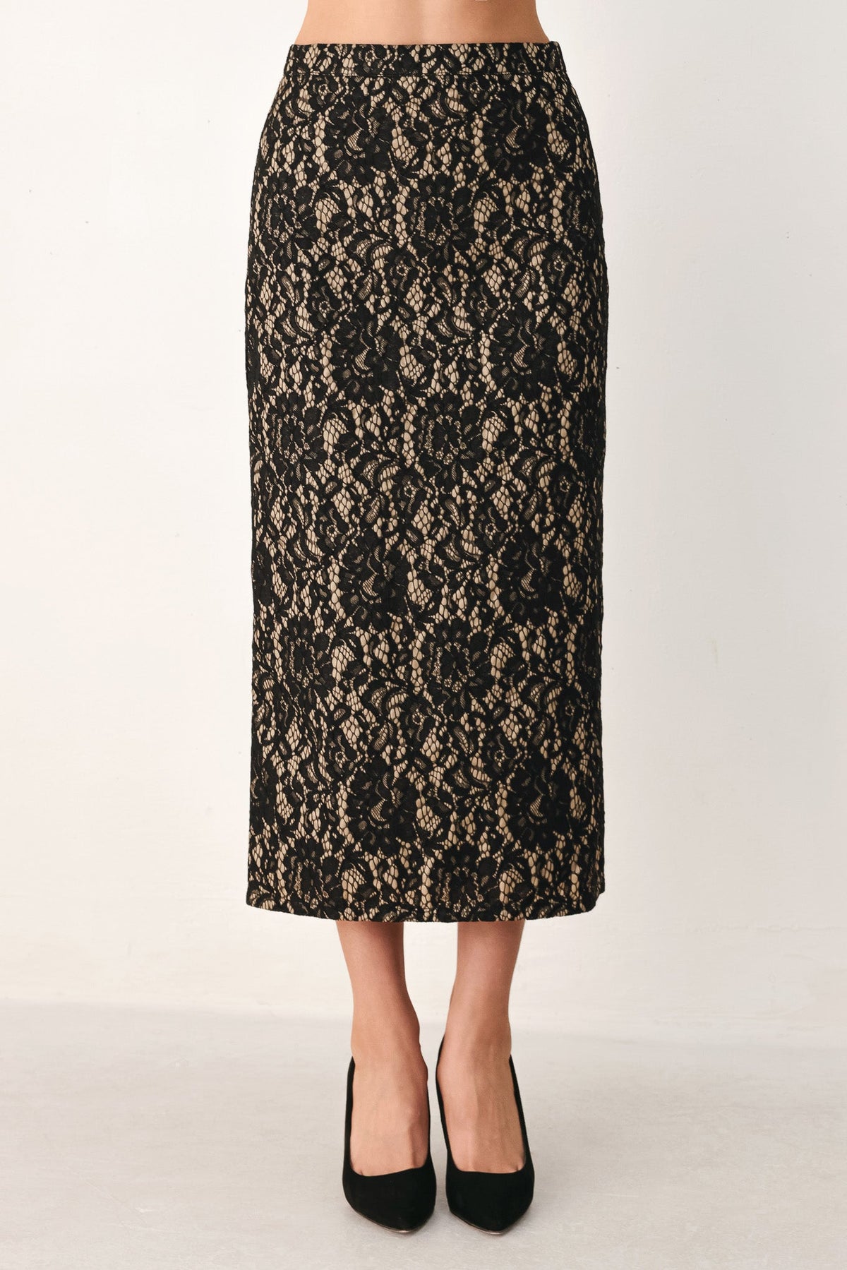 LACE THEORY BLACK LACE PENCIL MIDI SKIRT - Flying Tomato - Flyclothing LLC