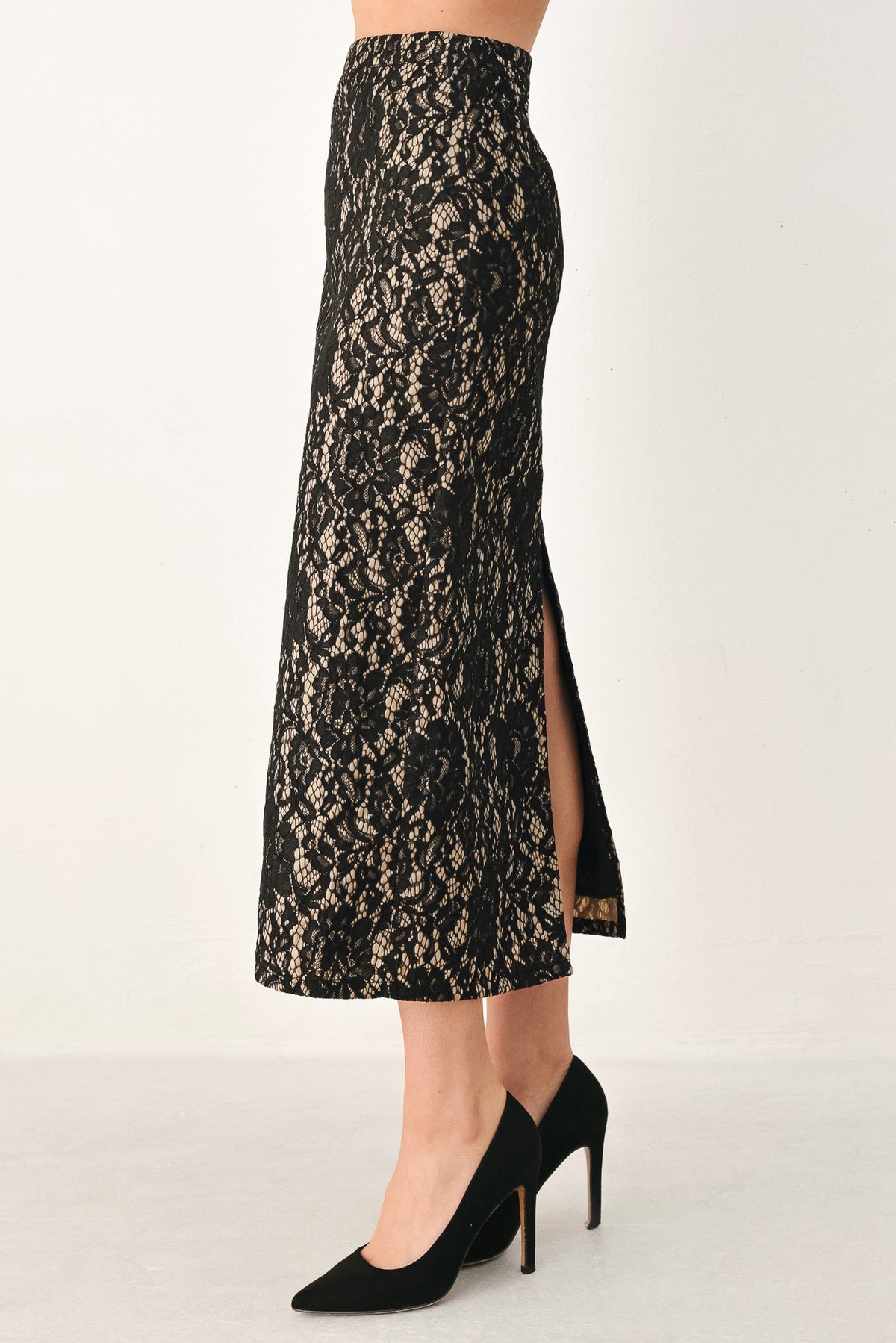 LACE THEORY BLACK LACE PENCIL MIDI SKIRT - Flying Tomato - Flyclothing LLC