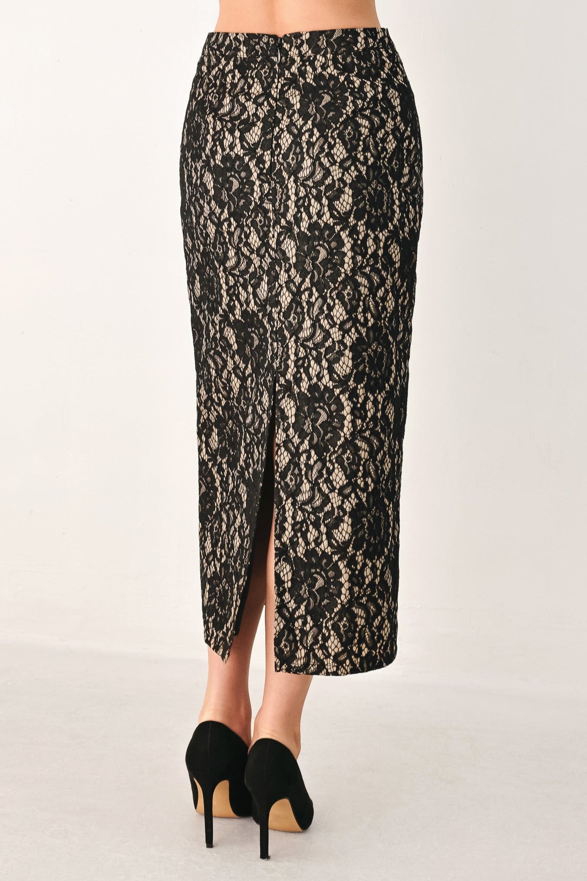 LACE THEORY BLACK LACE PENCIL MIDI SKIRT - Flying Tomato - Flyclothing LLC