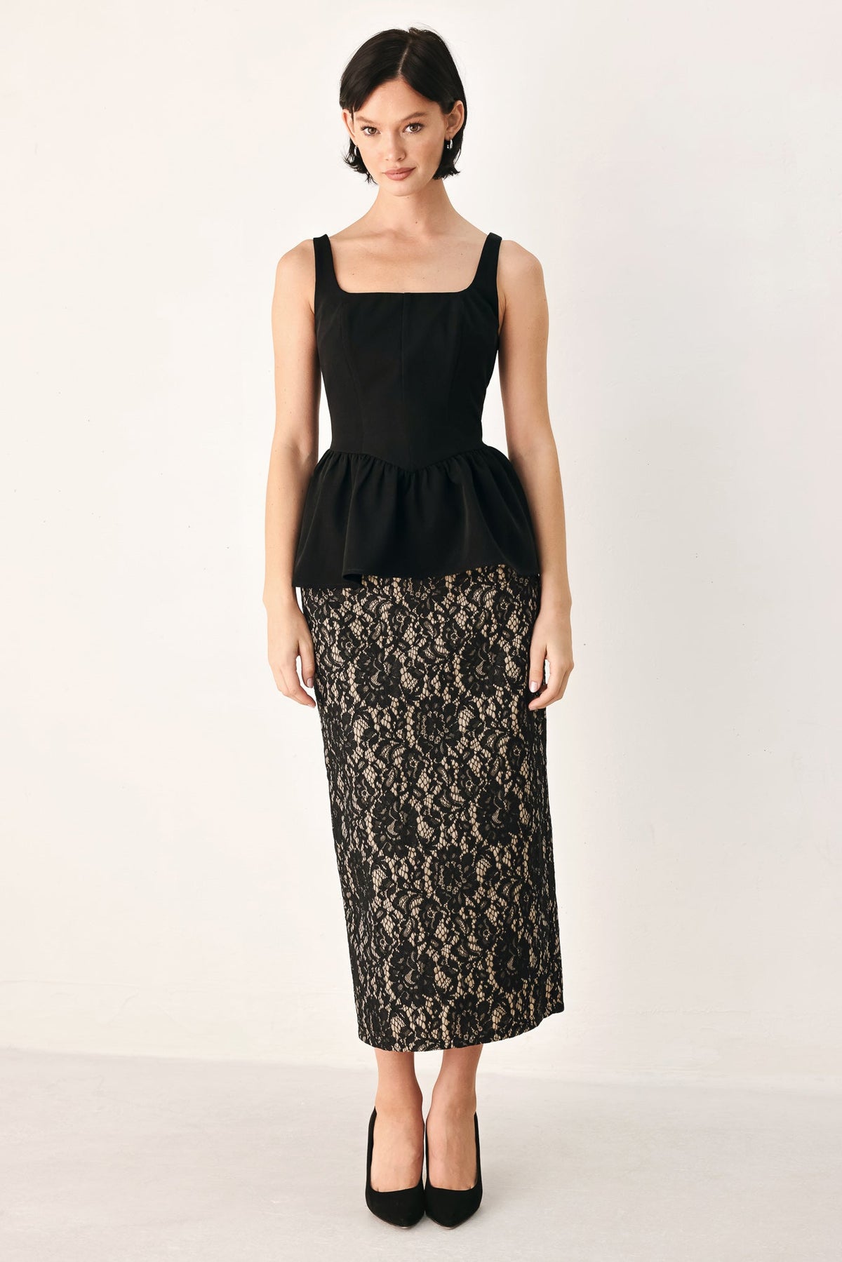 LACE THEORY BLACK LACE PENCIL MIDI SKIRT - Flying Tomato - Flyclothing LLC