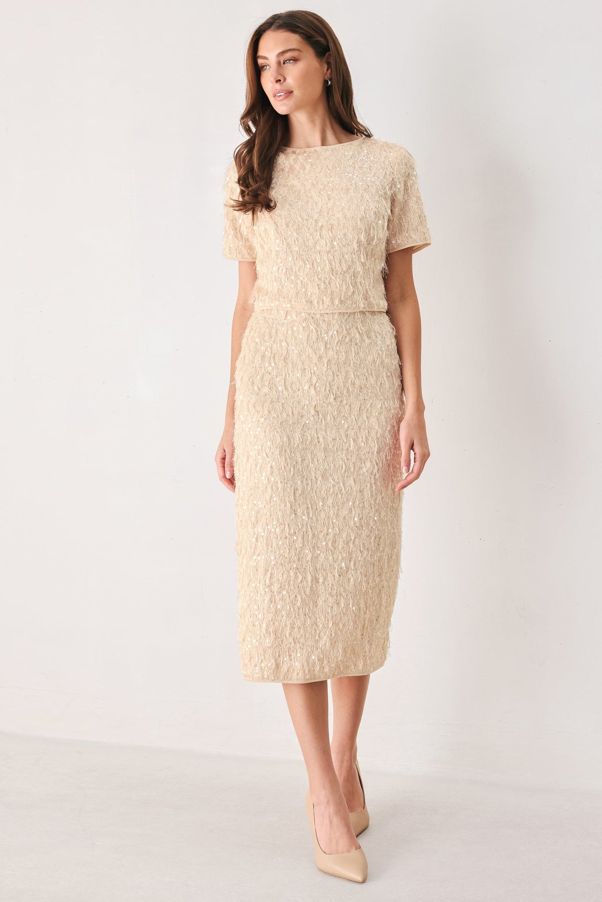 CHAMPAGNE WHISPER SEQUIN EYELASH MESH PENCIL SKIRT - Flying Tomato - Flyclothing LLC