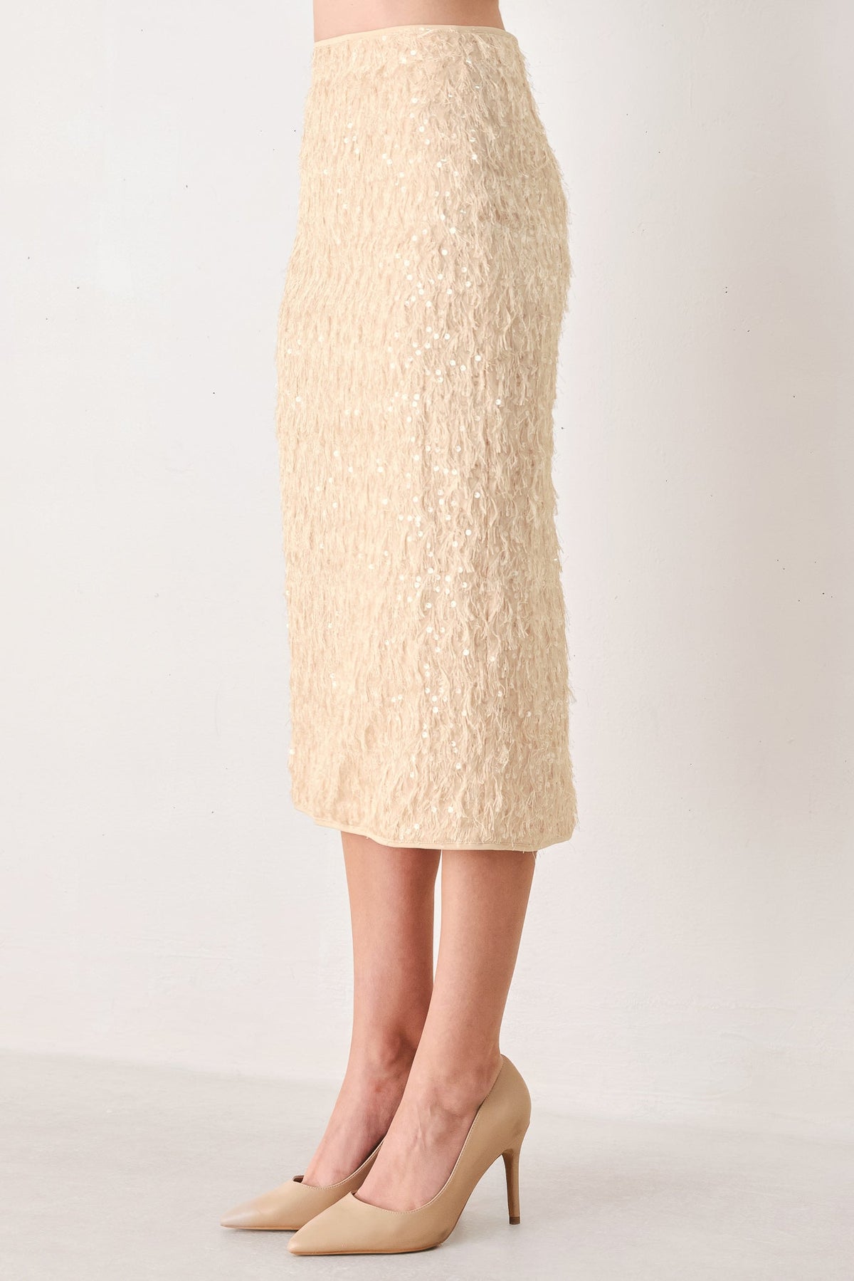 CHAMPAGNE WHISPER SEQUIN EYELASH MESH PENCIL SKIRT - Flying Tomato - Flyclothing LLC