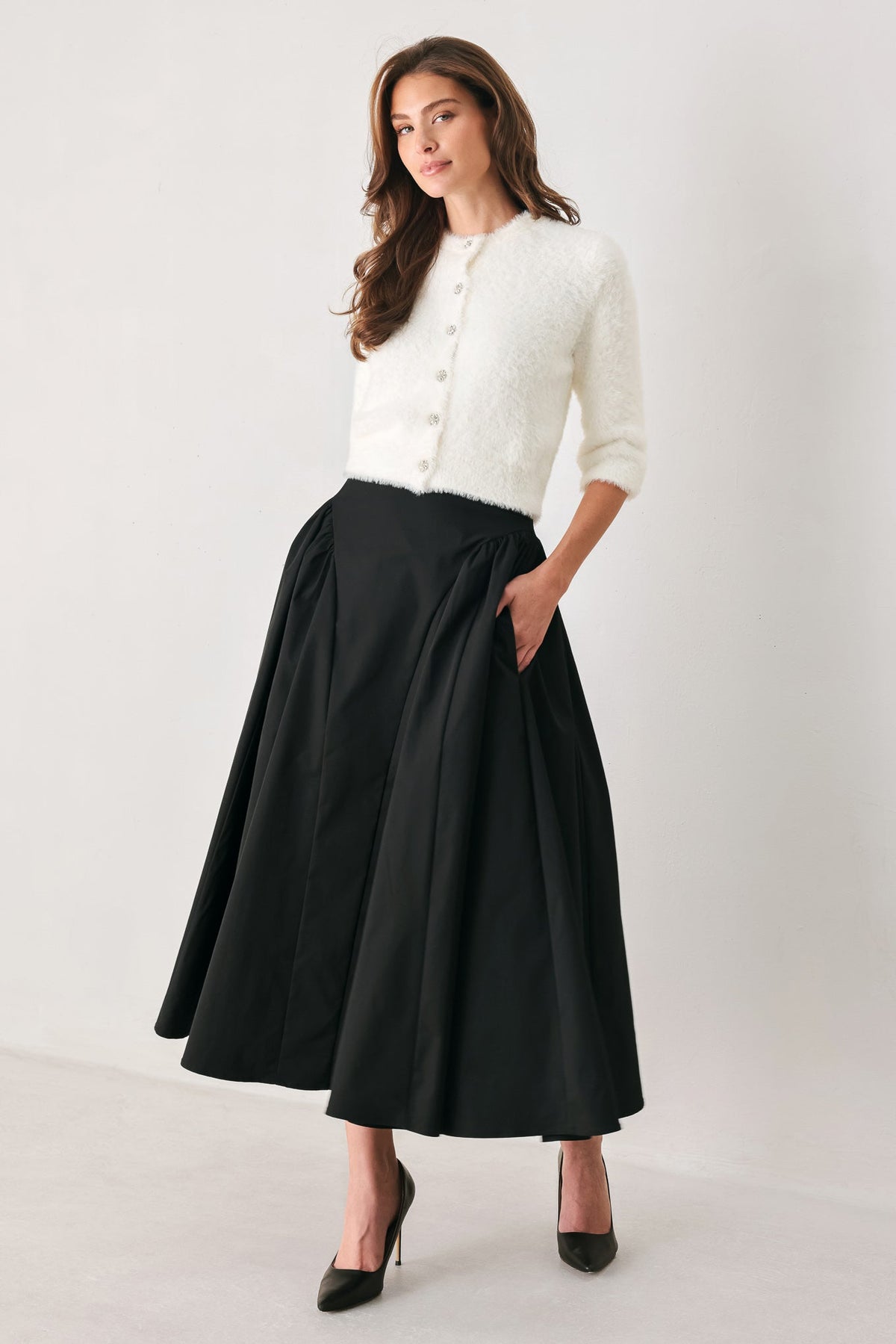 SCULPTED NOIR SHIRRED MIDI SKIRT - Flying Tomato - Flyclothing LLC