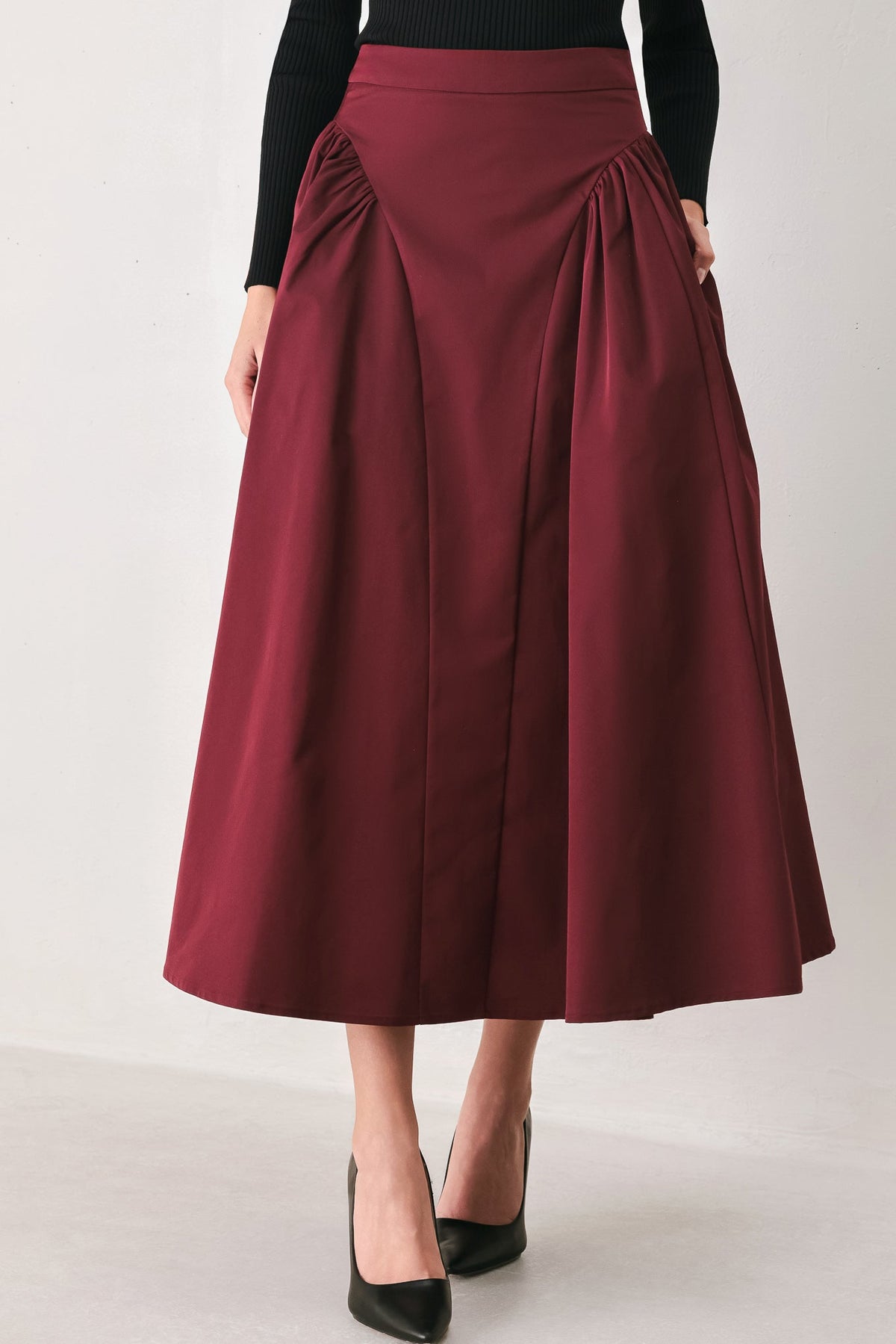 SCULPTED NOIR SHIRRED MIDI SKIRT - Flying Tomato - Flyclothing LLC