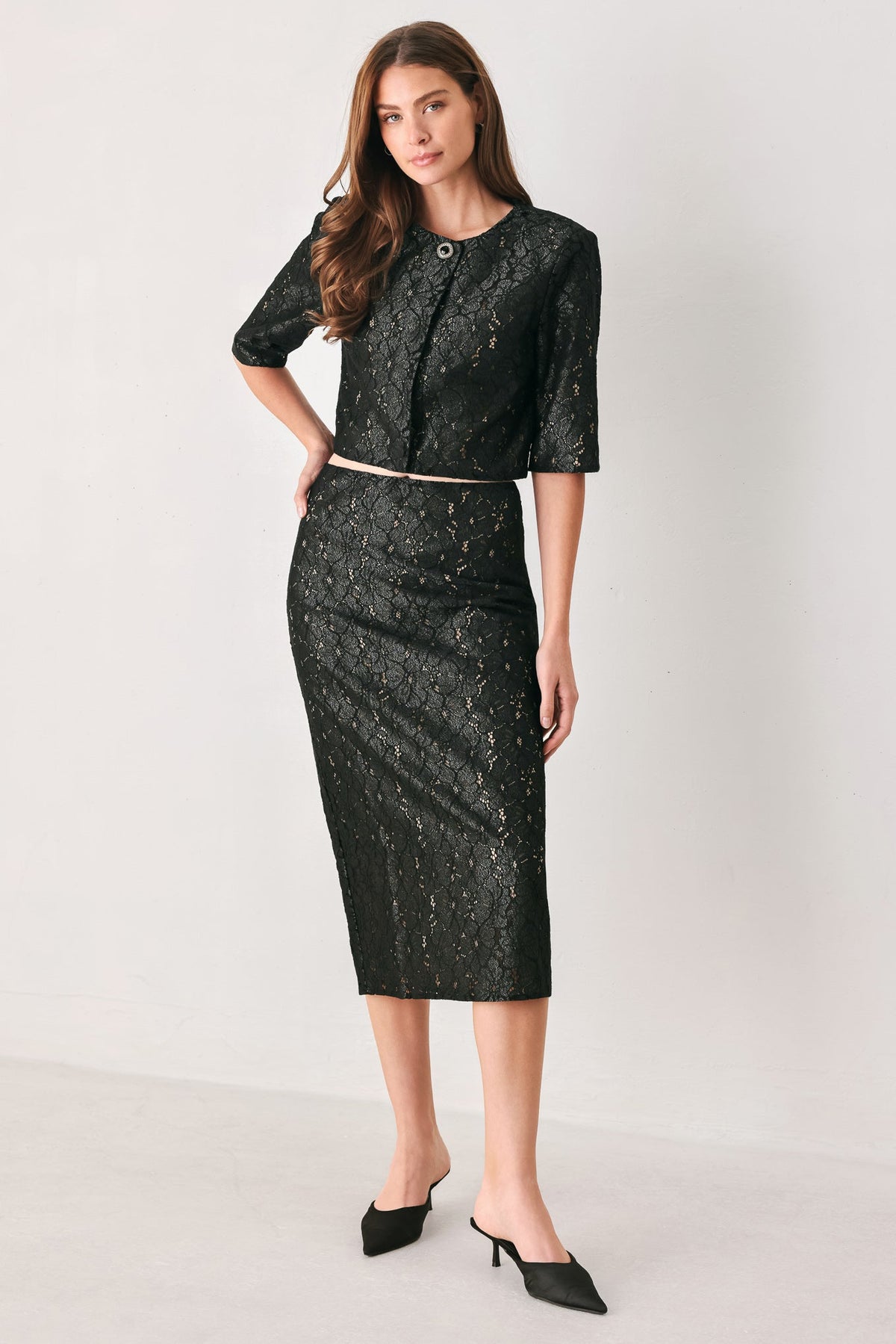 NOIR LACE AFFAIR BLACK/NUDE LACE PENCIL SKIRT - Flying Tomato - Flyclothing LLC