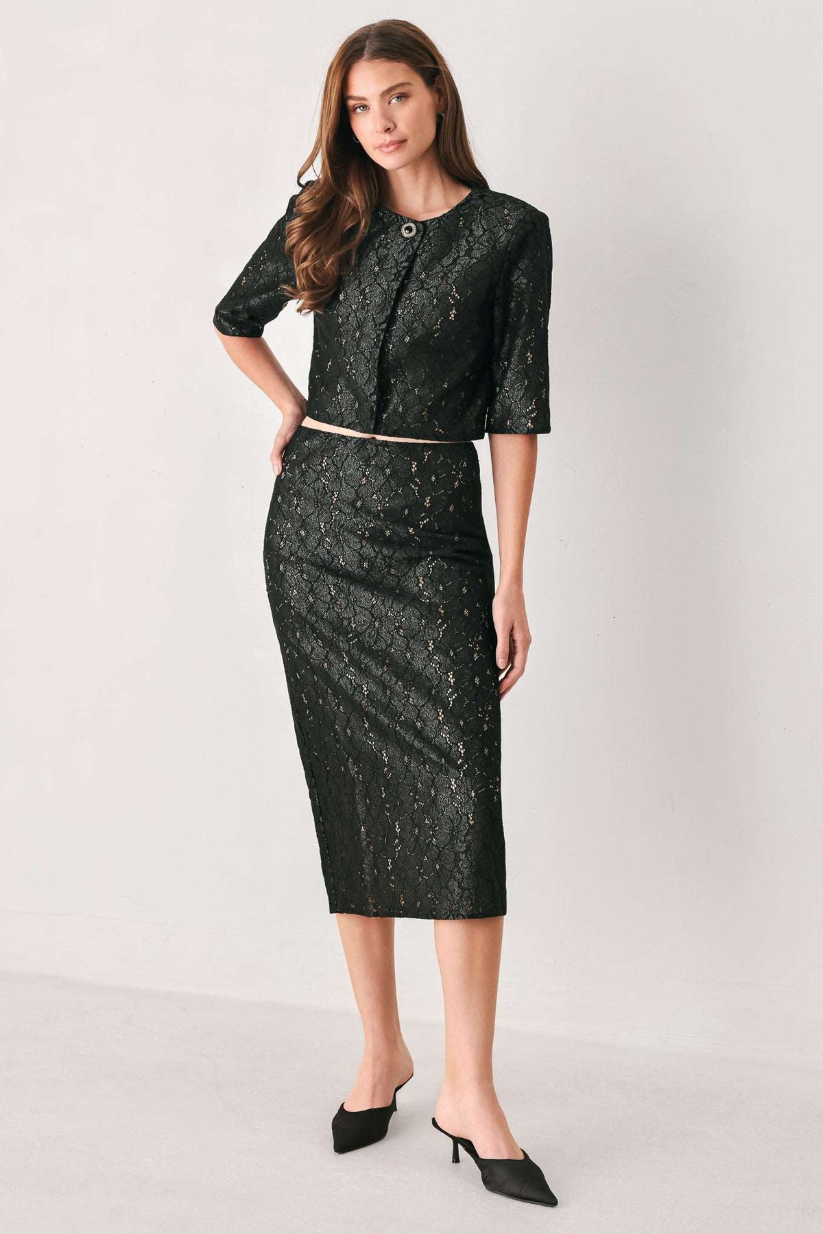 NOIR LACE AFFAIR BLACK/NUDE LACE PENCIL SKIRT - Flying Tomato - Flyclothing LLC