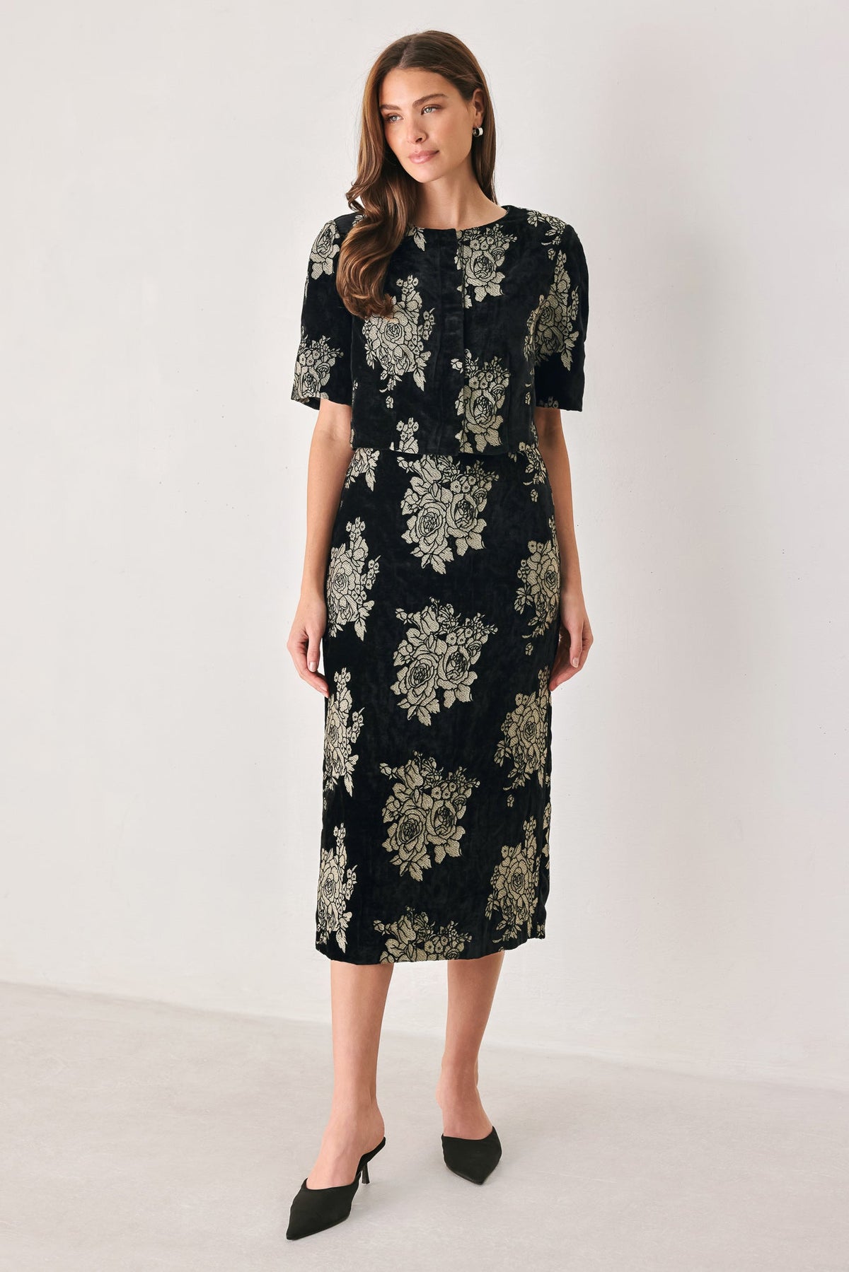 GILDED VELVET BLACK/GOLD JACQUARD MIDI SKIRT - Flying Tomato - Flyclothing LLC