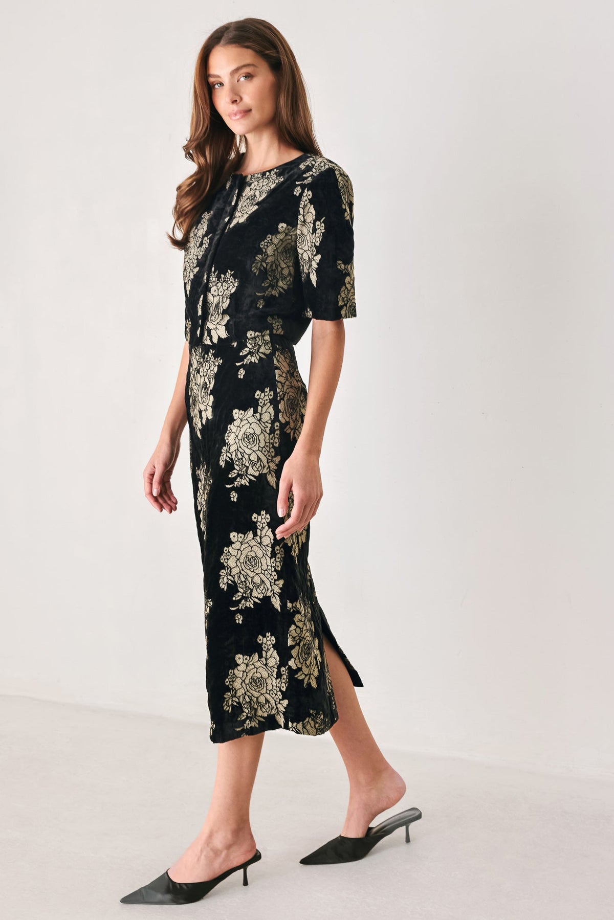 GILDED VELVET BLACK/GOLD JACQUARD MIDI SKIRT - Flying Tomato - Flyclothing LLC