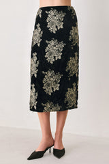 GILDED VELVET BLACK/GOLD JACQUARD MIDI SKIRT - Flying Tomato - Flyclothing LLC
