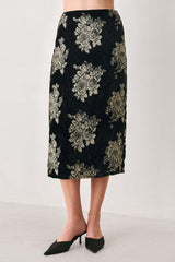 GILDED VELVET BLACK/GOLD JACQUARD MIDI SKIRT - Flying Tomato - Flyclothing LLC