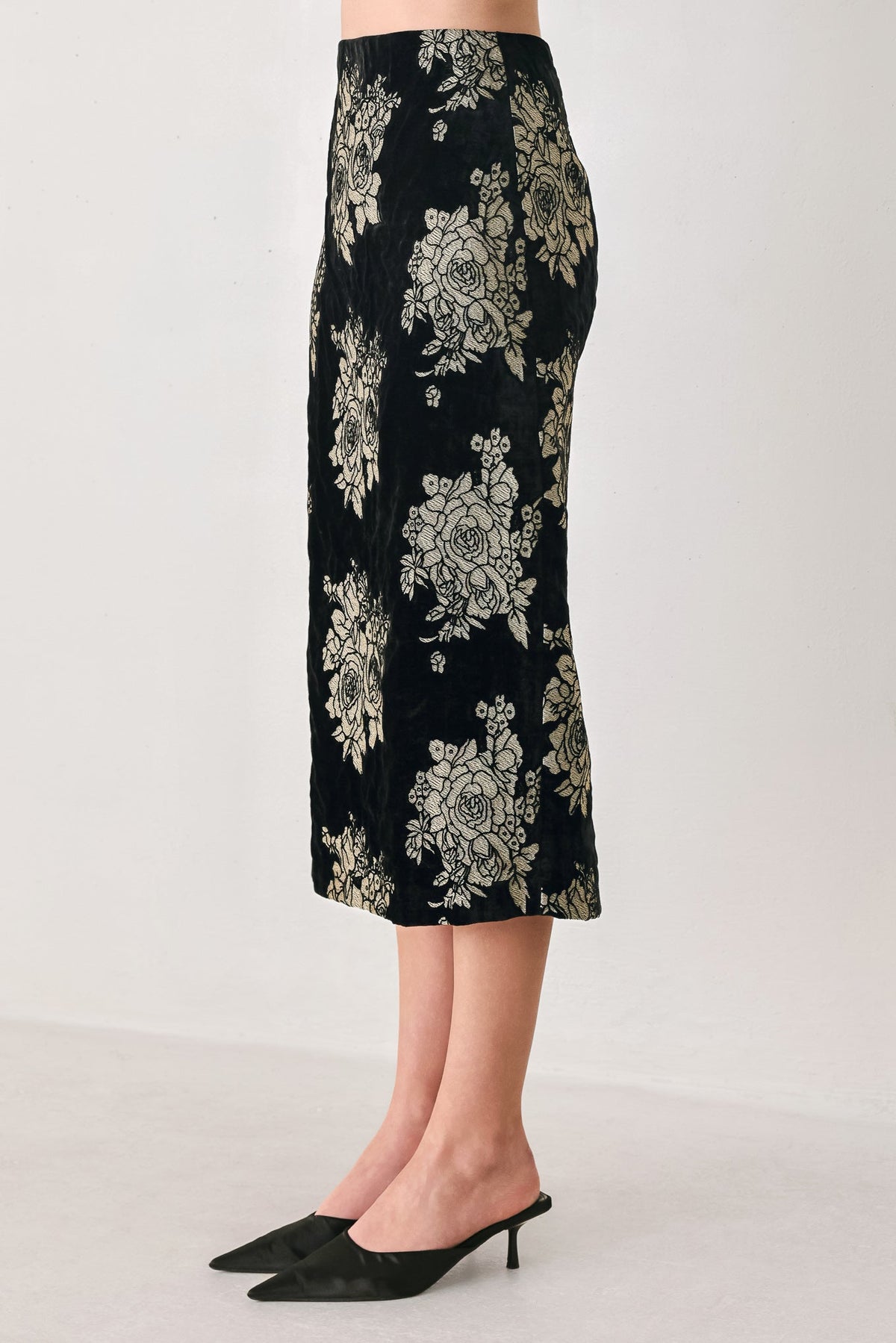 GILDED VELVET BLACK/GOLD JACQUARD MIDI SKIRT - Flying Tomato - Flyclothing LLC