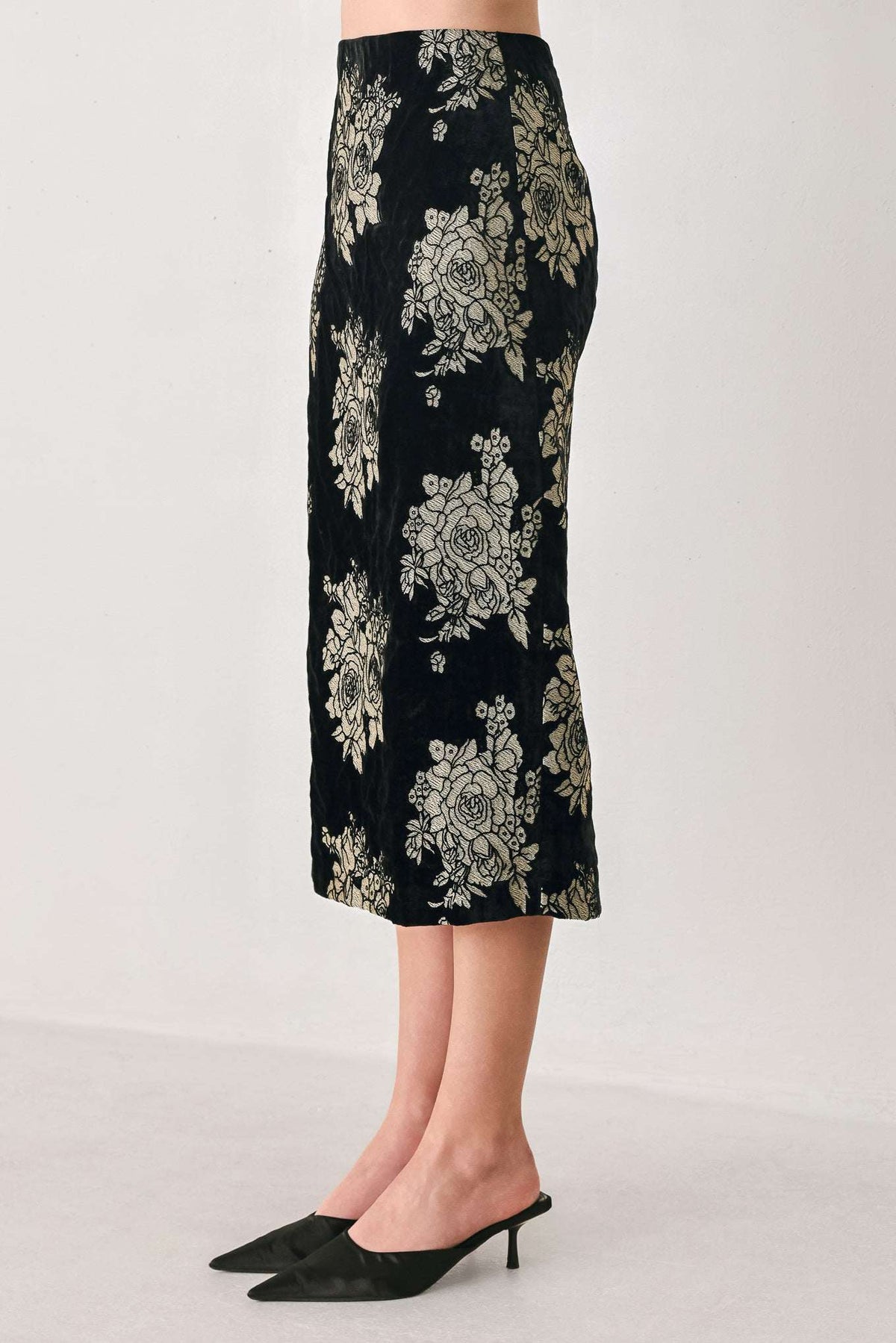 GILDED VELVET BLACK/GOLD JACQUARD MIDI SKIRT - Flying Tomato - Flyclothing LLC