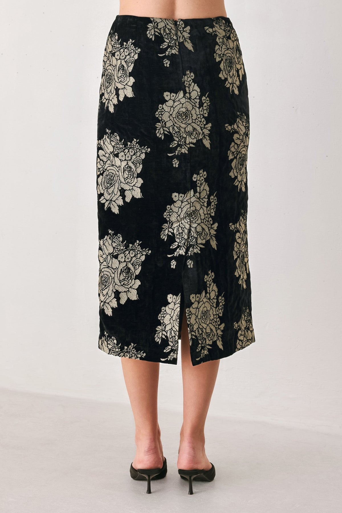 GILDED VELVET BLACK/GOLD JACQUARD MIDI SKIRT - Flying Tomato - Flyclothing LLC