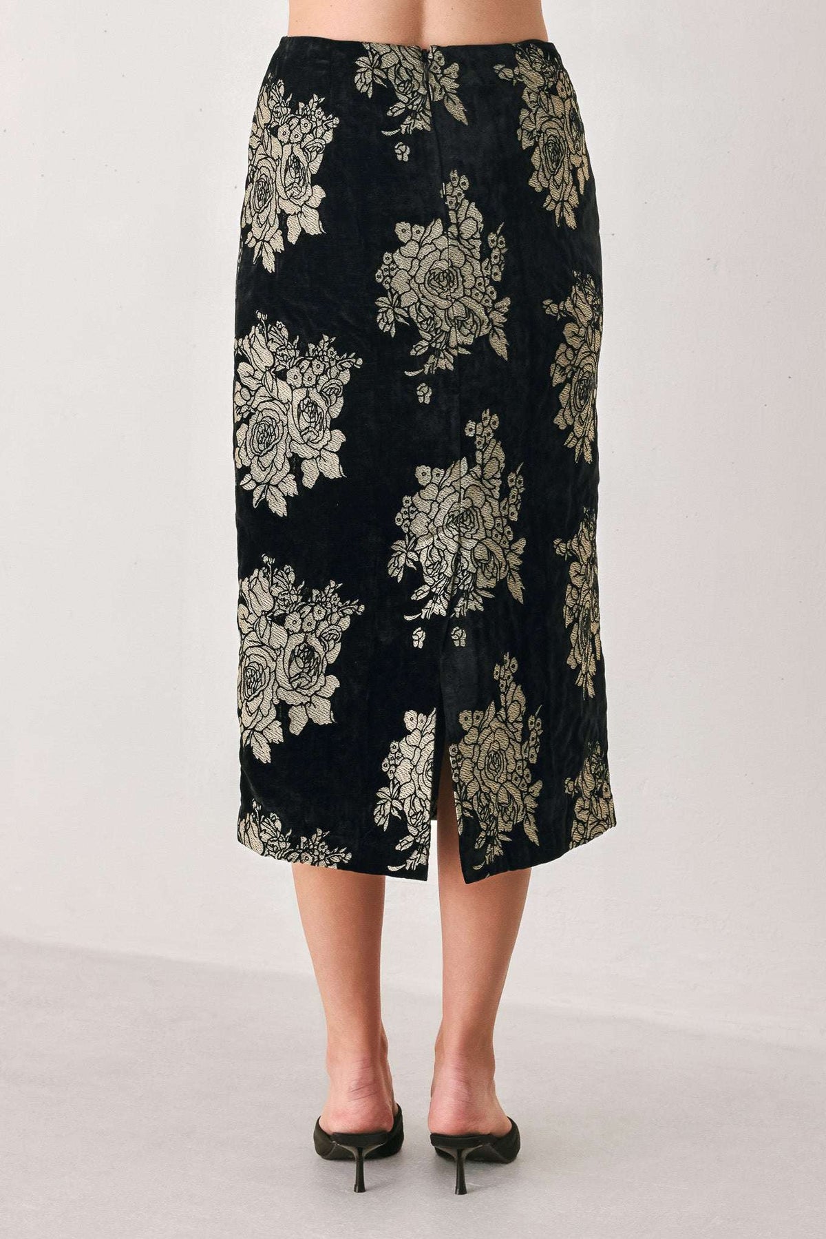 GILDED VELVET BLACK/GOLD JACQUARD MIDI SKIRT - Flying Tomato - Flyclothing LLC