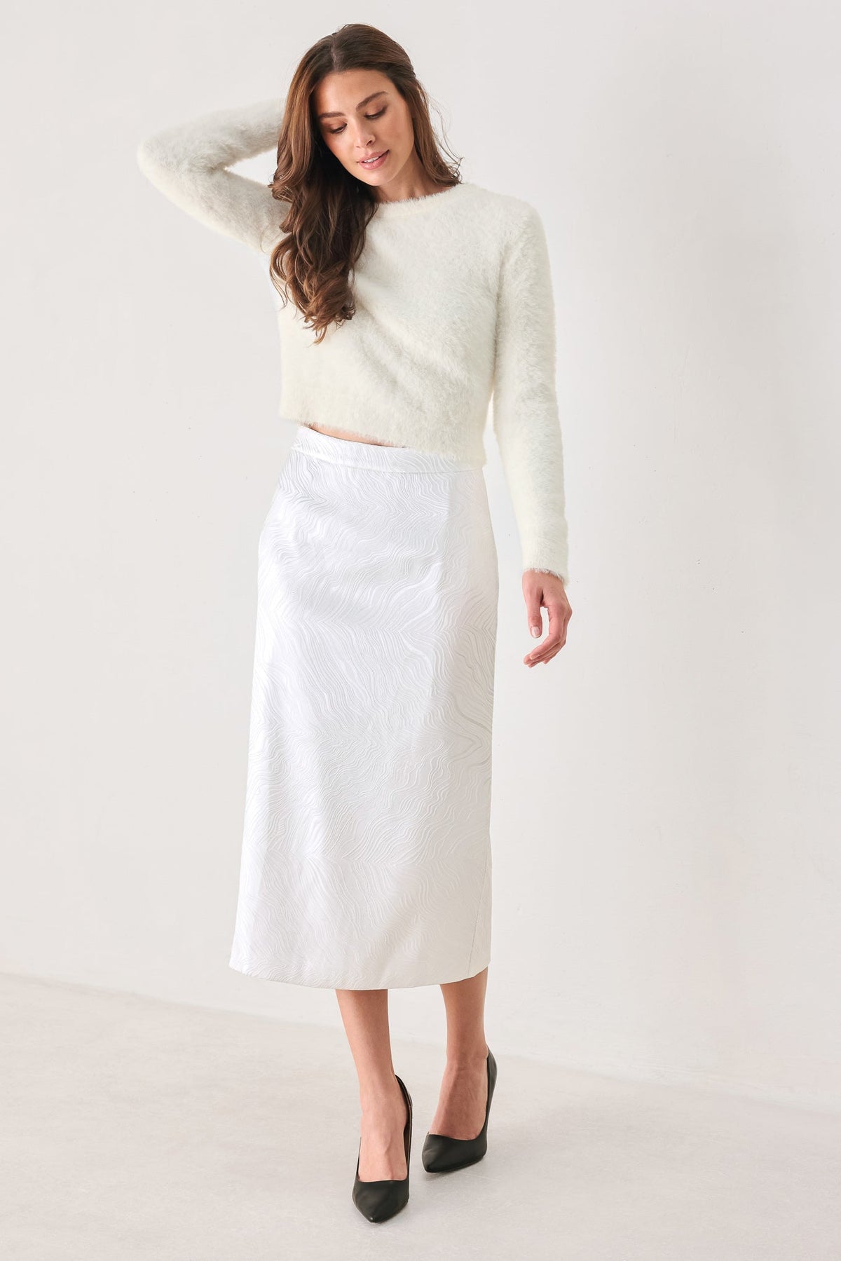 IVORY TEXTURE WHITE WOVEN PENCIL SKIRT - Flying Tomato - Flyclothing LLC