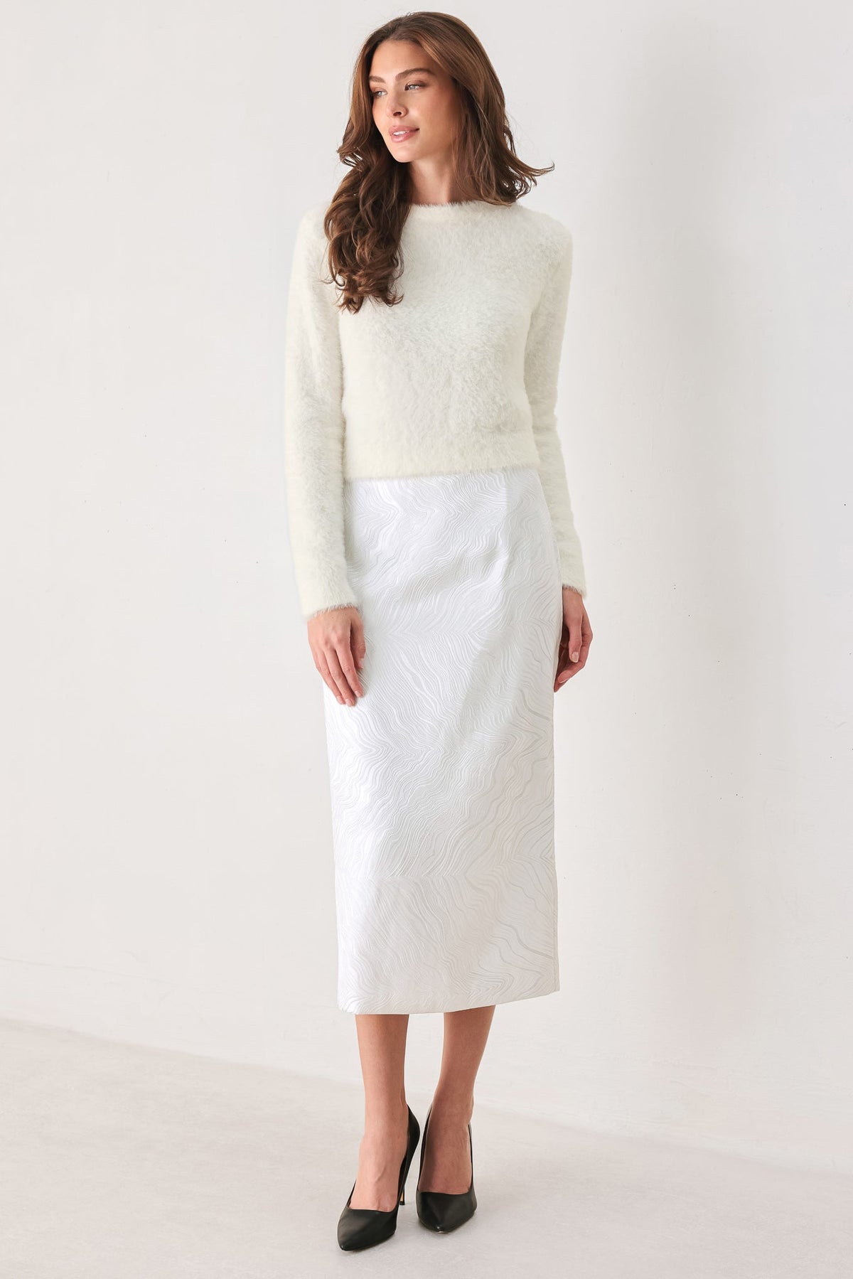 IVORY TEXTURE WHITE WOVEN PENCIL SKIRT - Flying Tomato - Flyclothing LLC