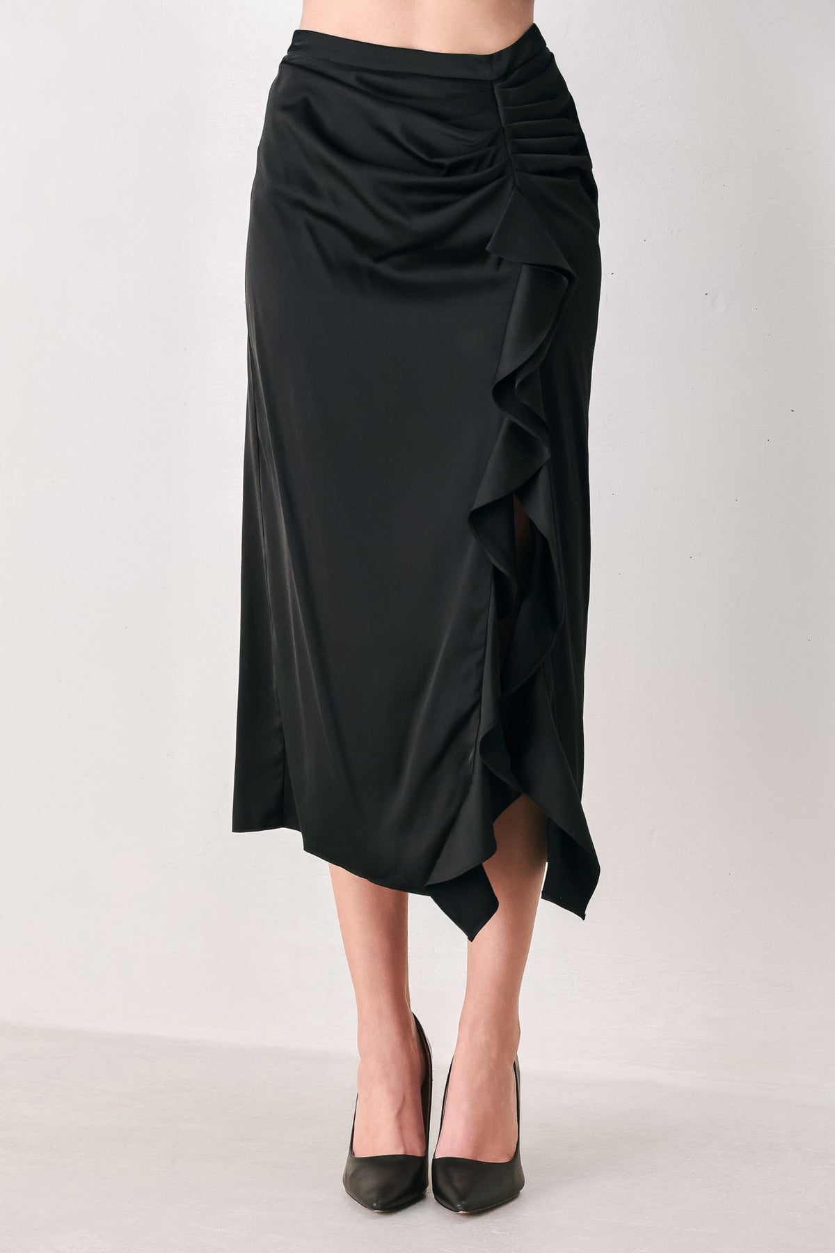 NOIR CASCADE BLACK ASYMMETRICAL RUFFLE MIDI SKIRT - Flying Tomato - Flyclothing LLC