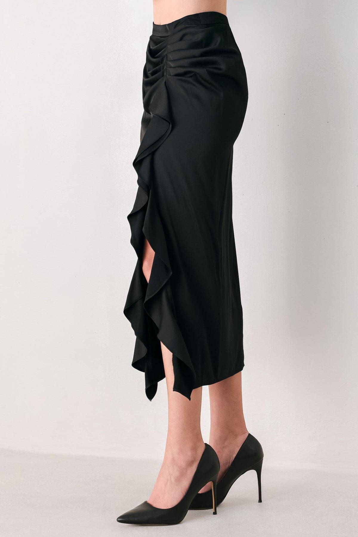 NOIR CASCADE BLACK ASYMMETRICAL RUFFLE MIDI SKIRT - Flying Tomato - Flyclothing LLC